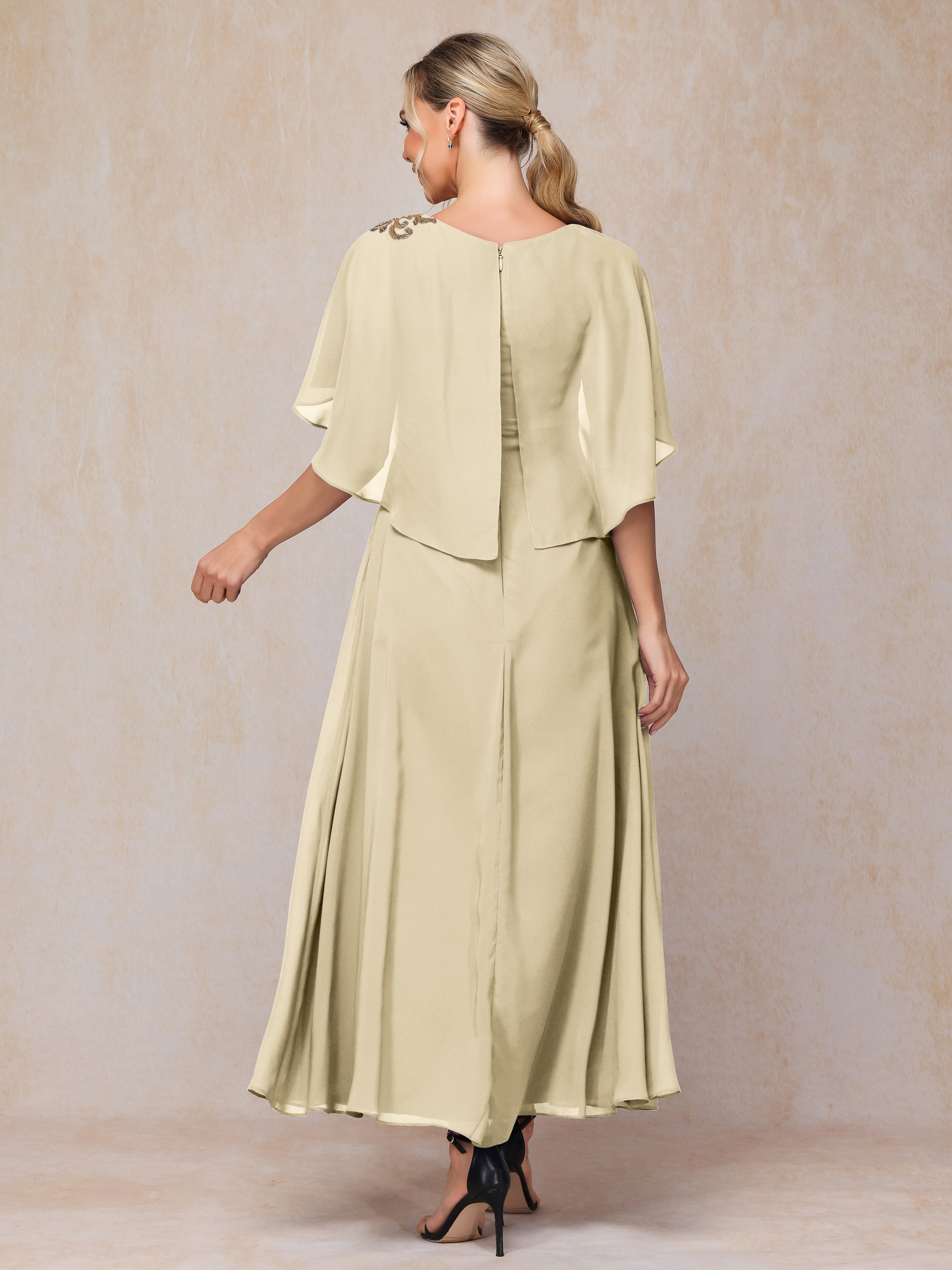 Formal Short Sleeves Ankle Length Chiffon Wedding Guest Dresses