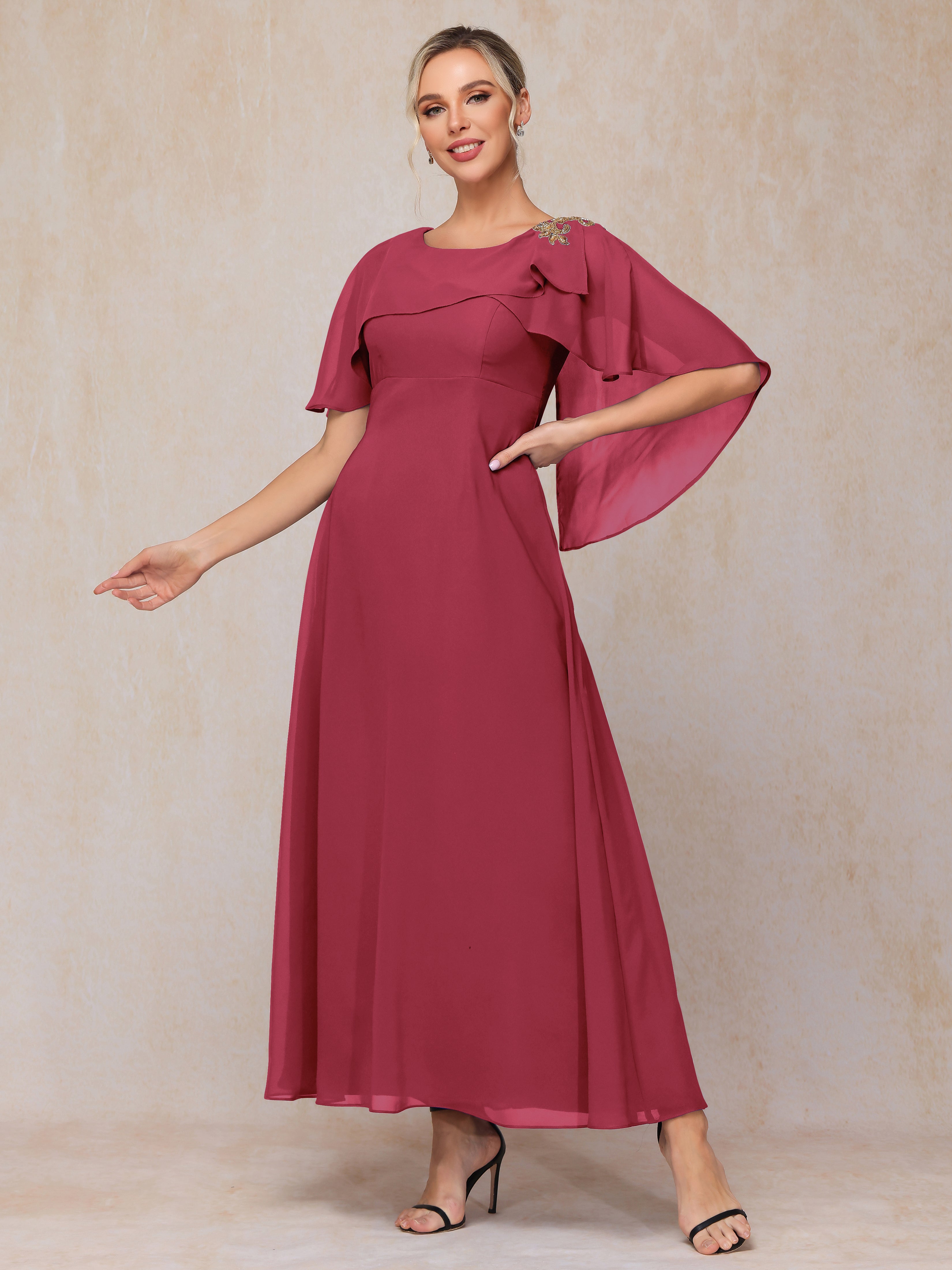 Formal Short Sleeves Ankle Length Chiffon Wedding Guest Dresses