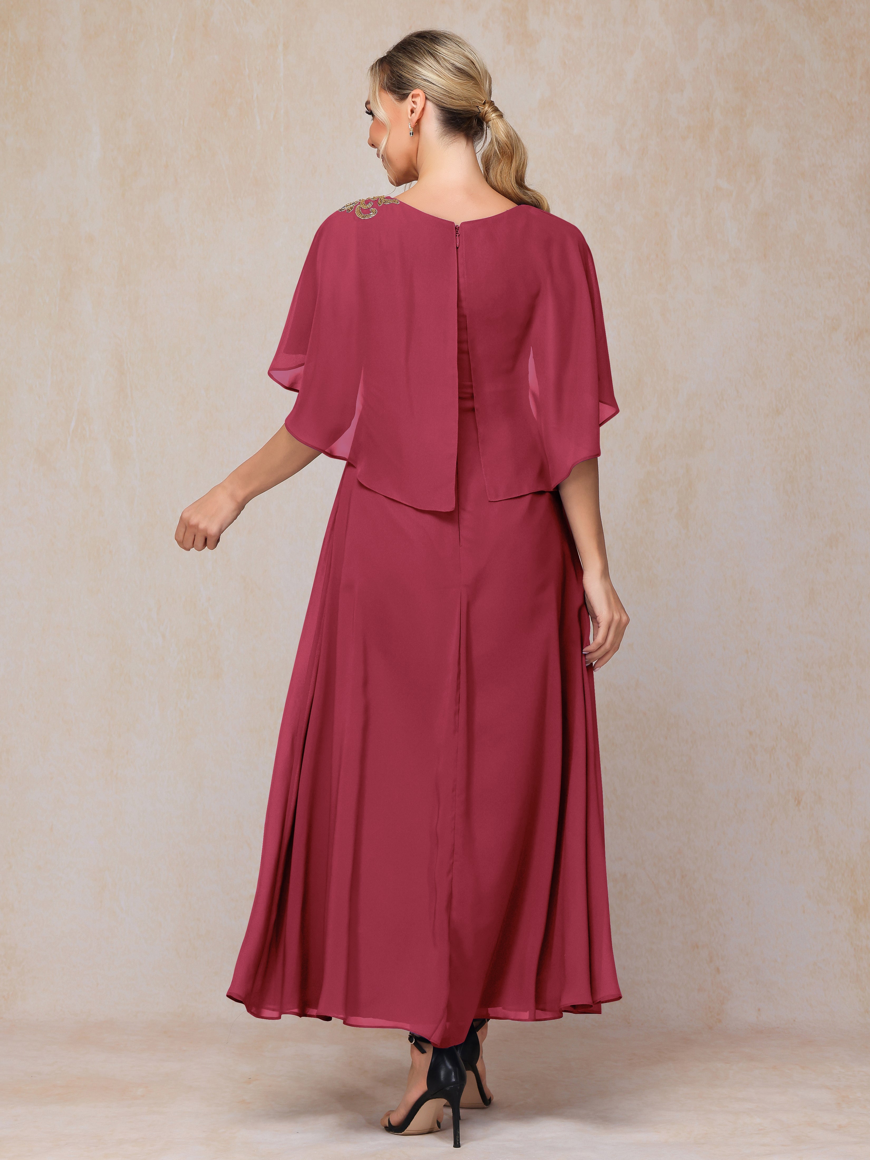Formal Short Sleeves Ankle Length Chiffon Wedding Guest Dresses