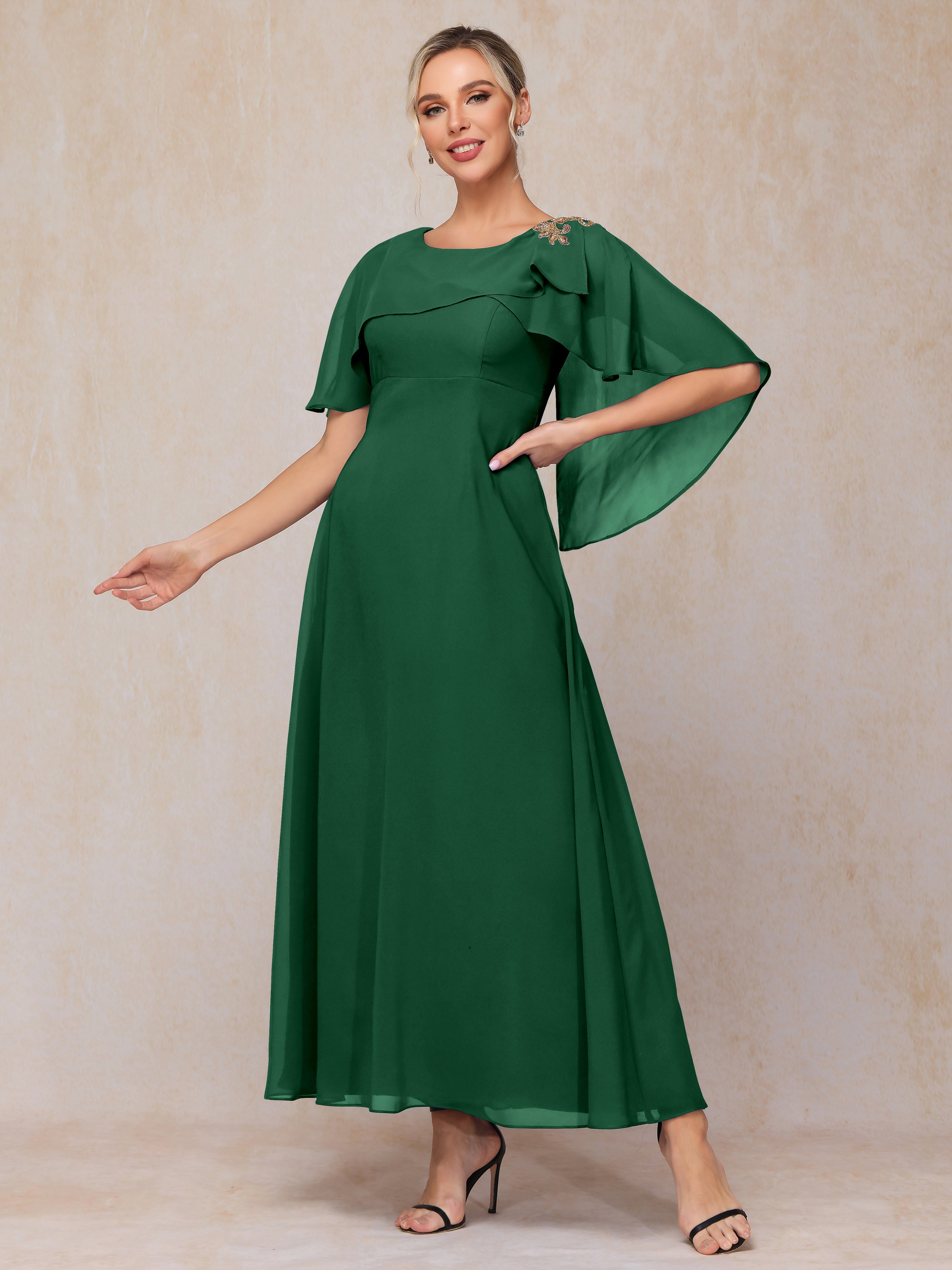 Formal Short Sleeves Ankle Length Chiffon Wedding Guest Dresses