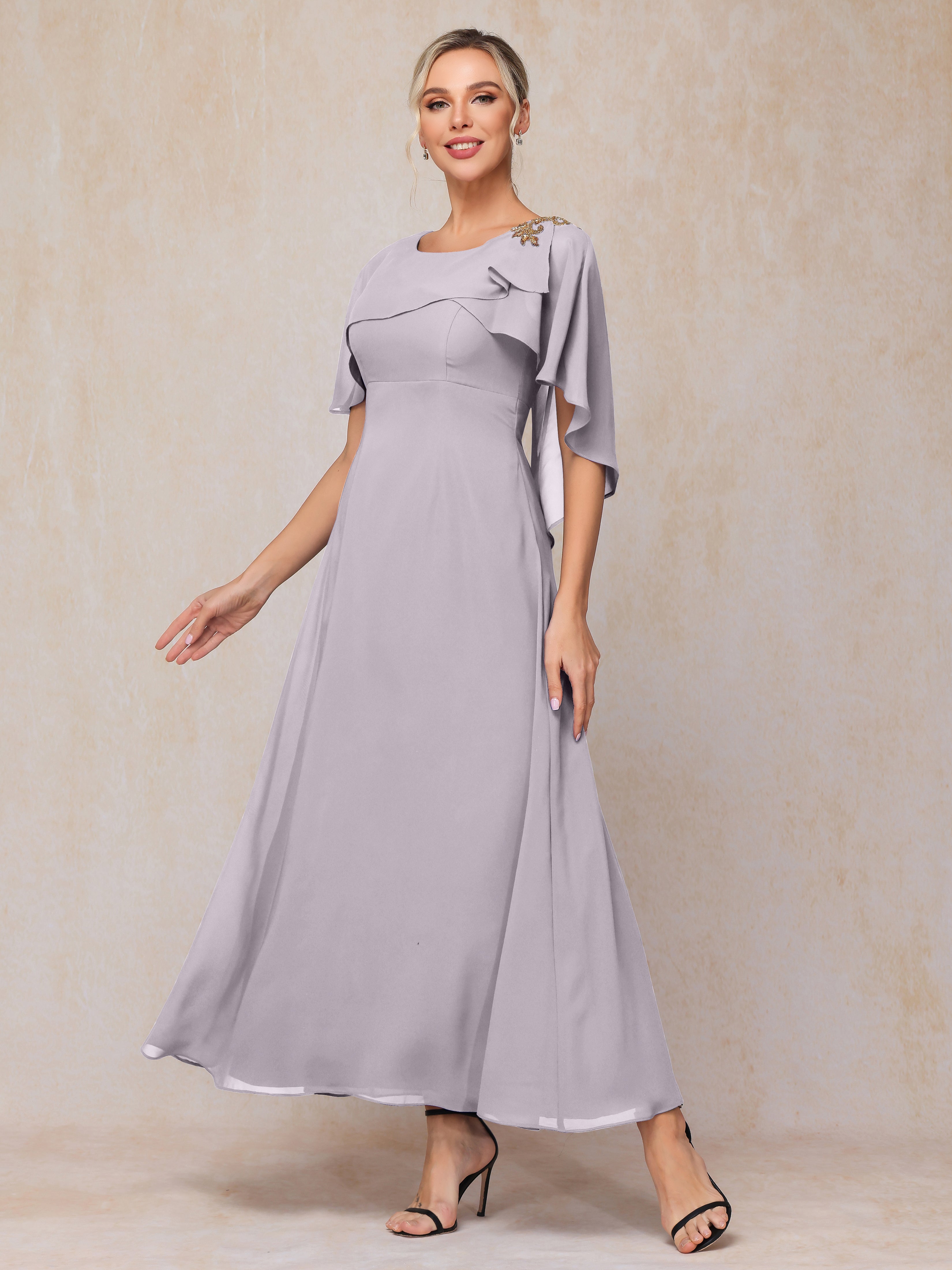 Formal Short Sleeves Ankle Length Chiffon Wedding Guest Dresses