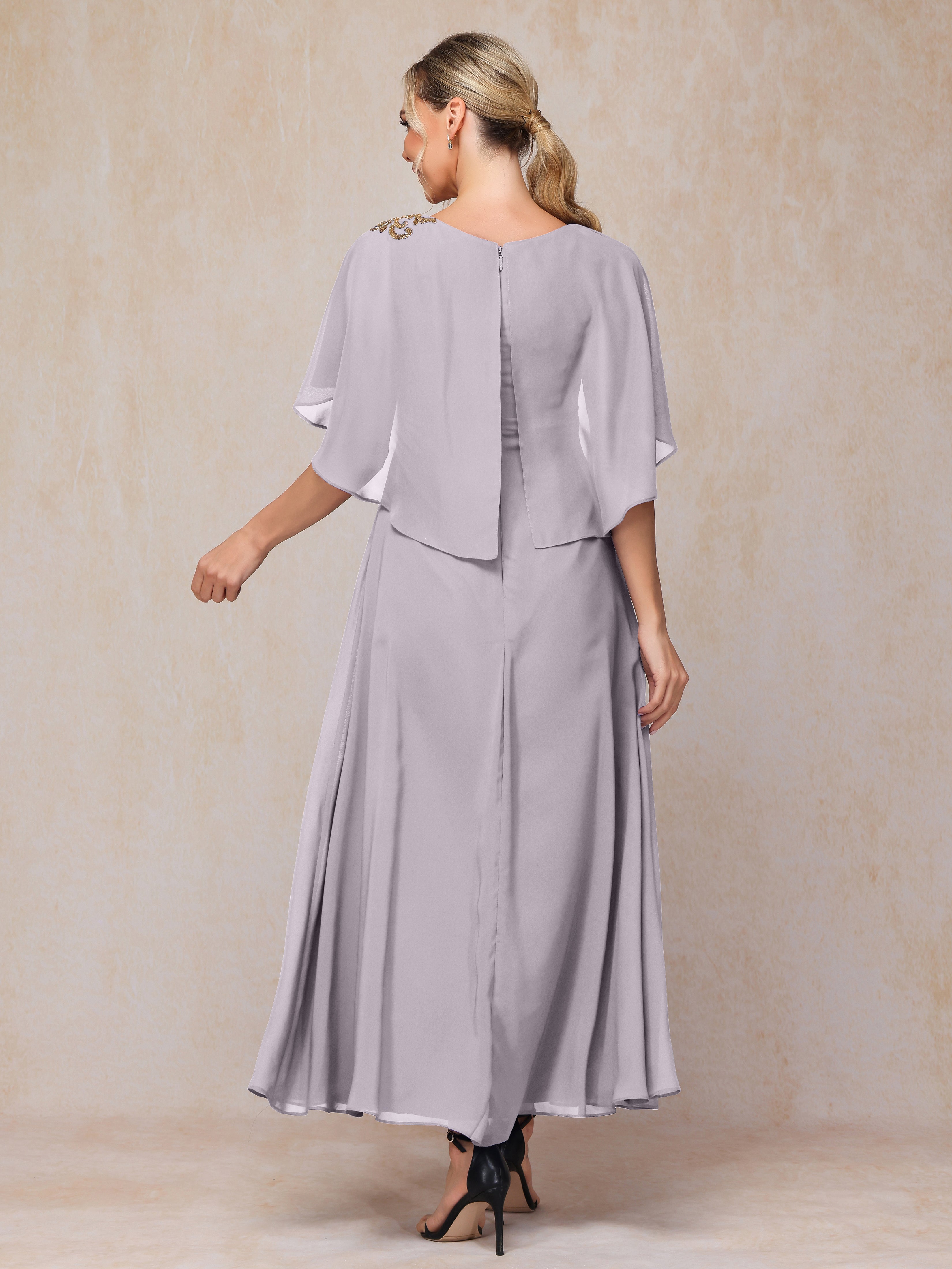 Formal Short Sleeves Ankle Length Chiffon Wedding Guest Dresses
