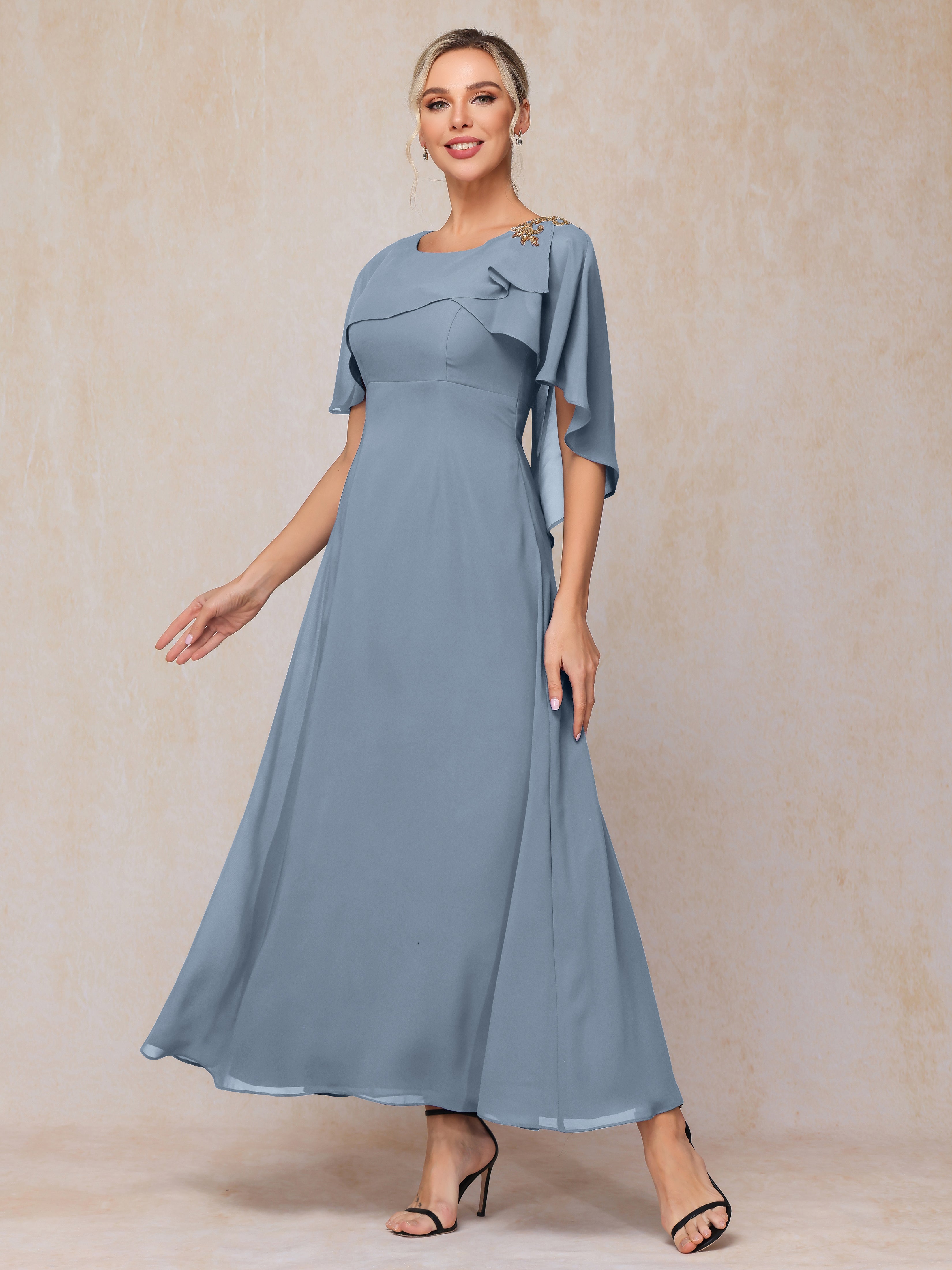 Formal Short Sleeves Ankle Length Chiffon Wedding Guest Dresses