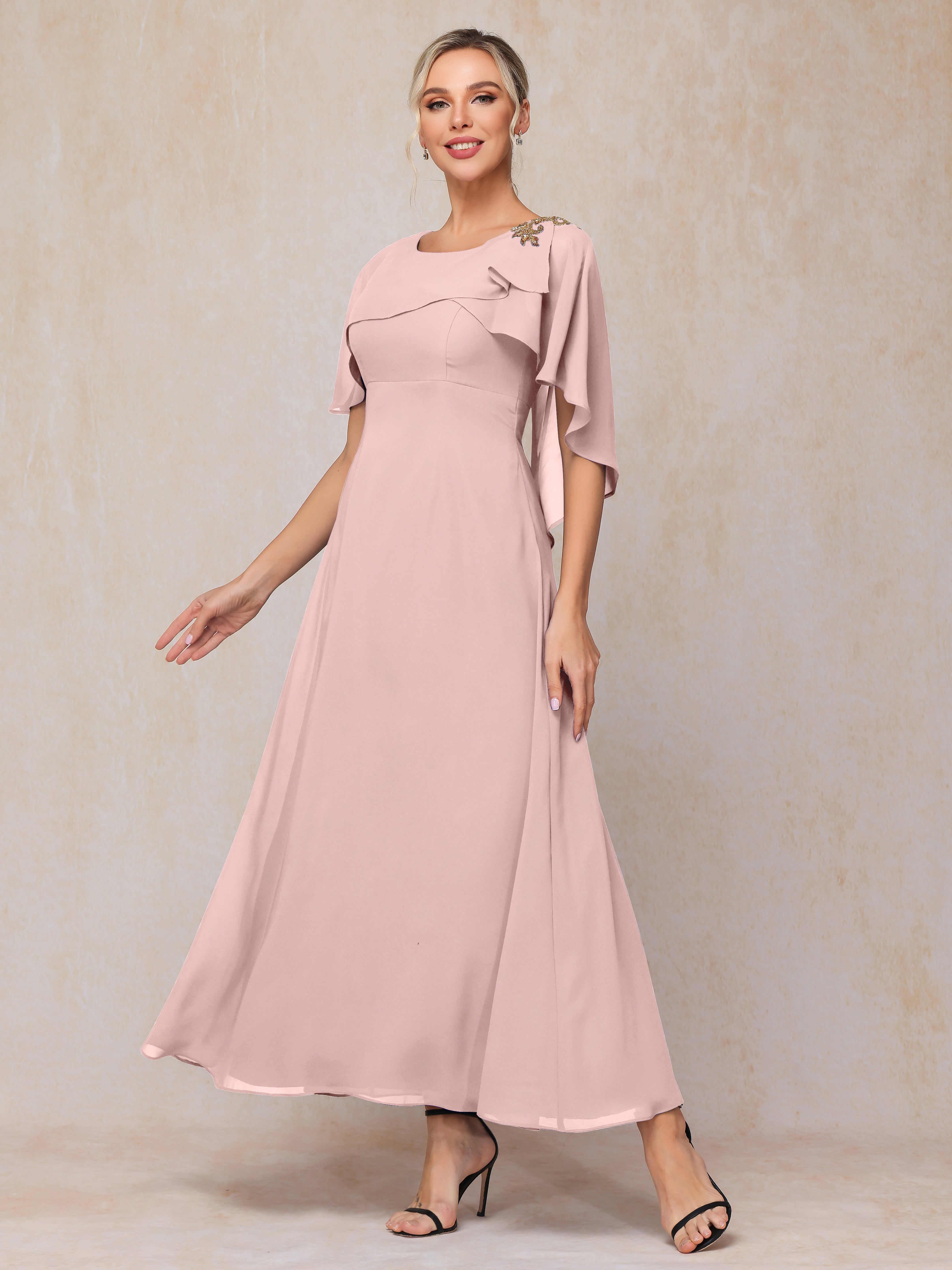 Formal Short Sleeves Ankle Length Chiffon Wedding Guest Dresses