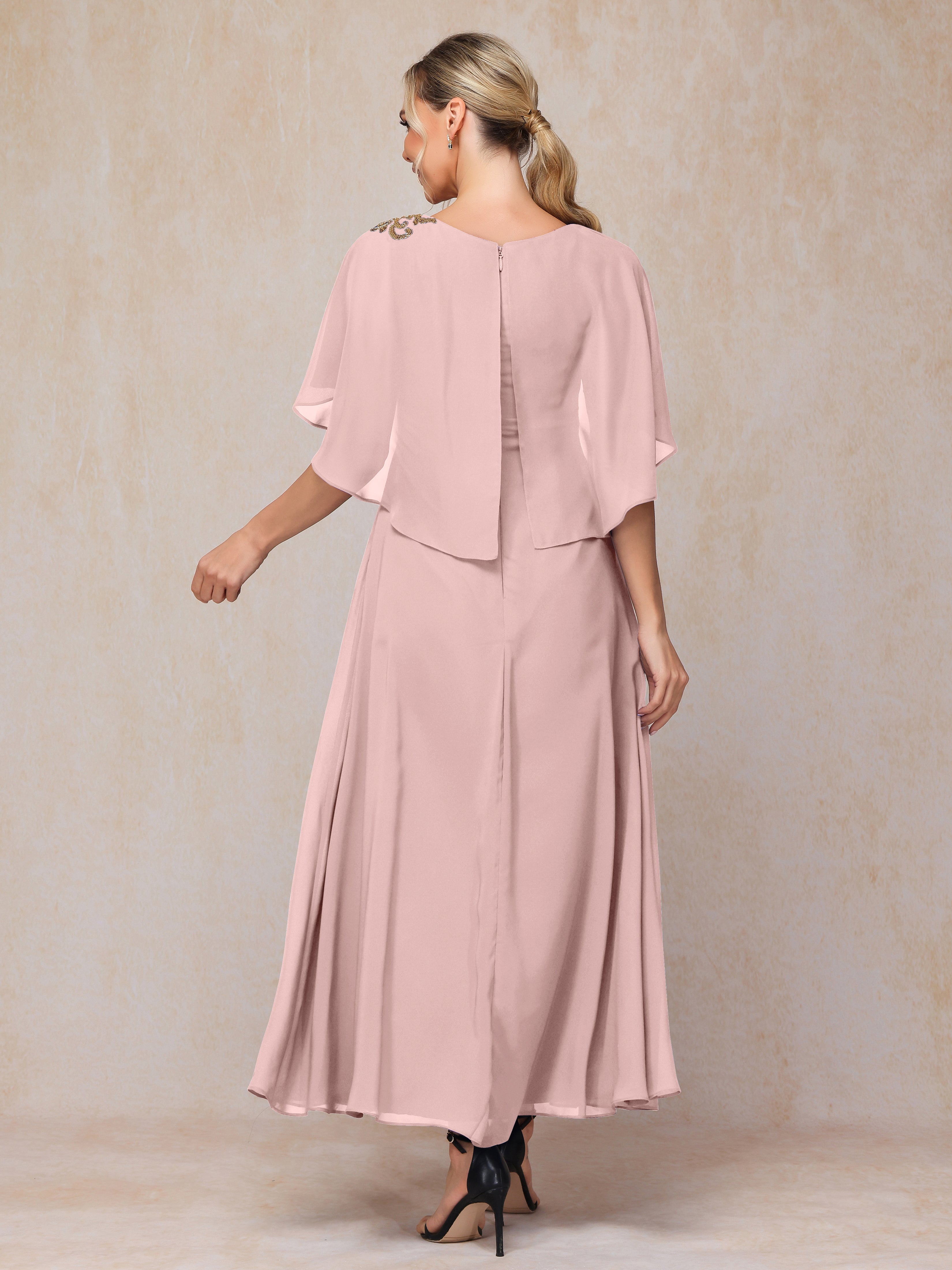 Formal Short Sleeves Ankle Length Chiffon Wedding Guest Dresses