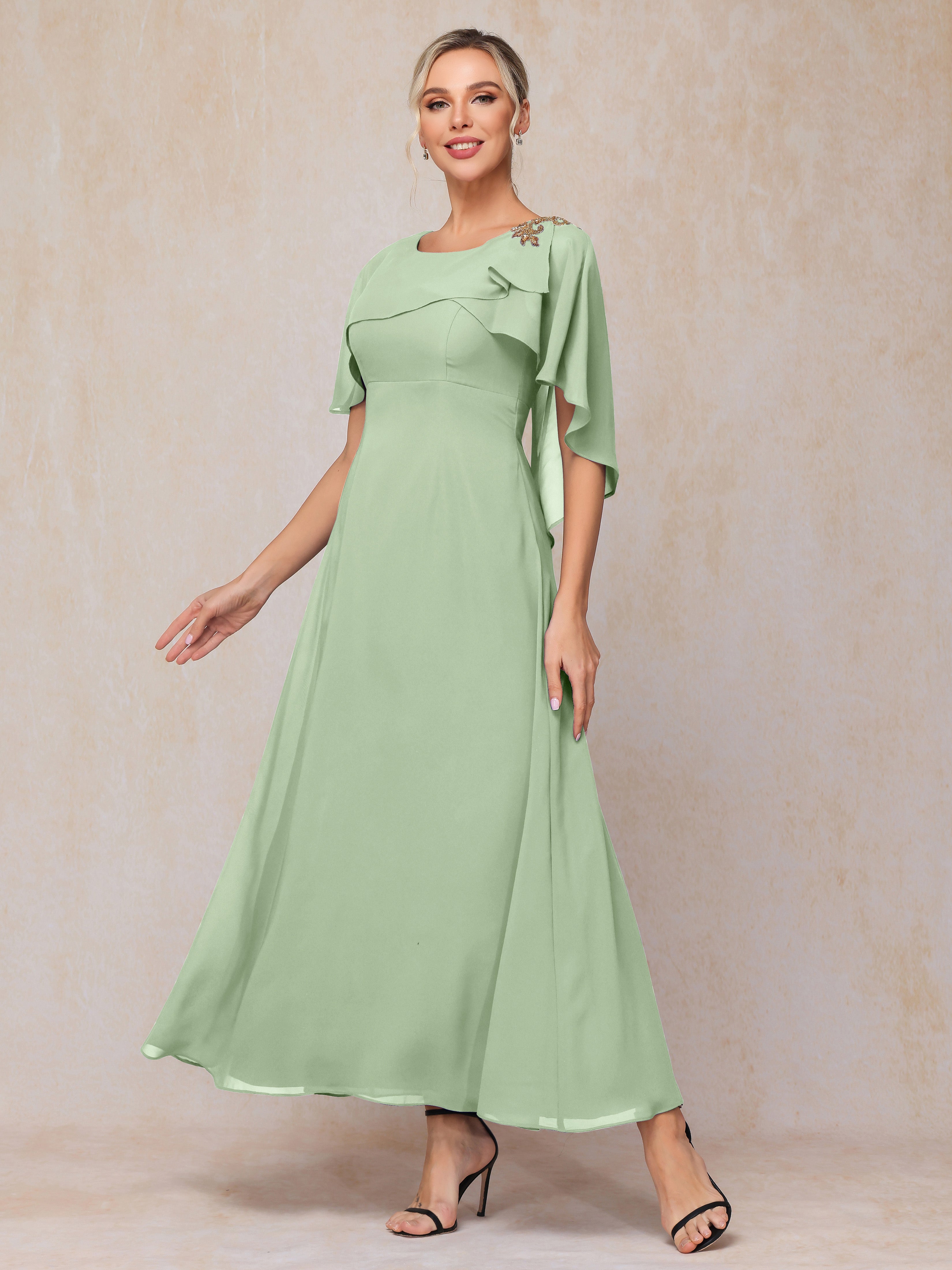 Formal Short Sleeves Ankle Length Chiffon Wedding Guest Dresses