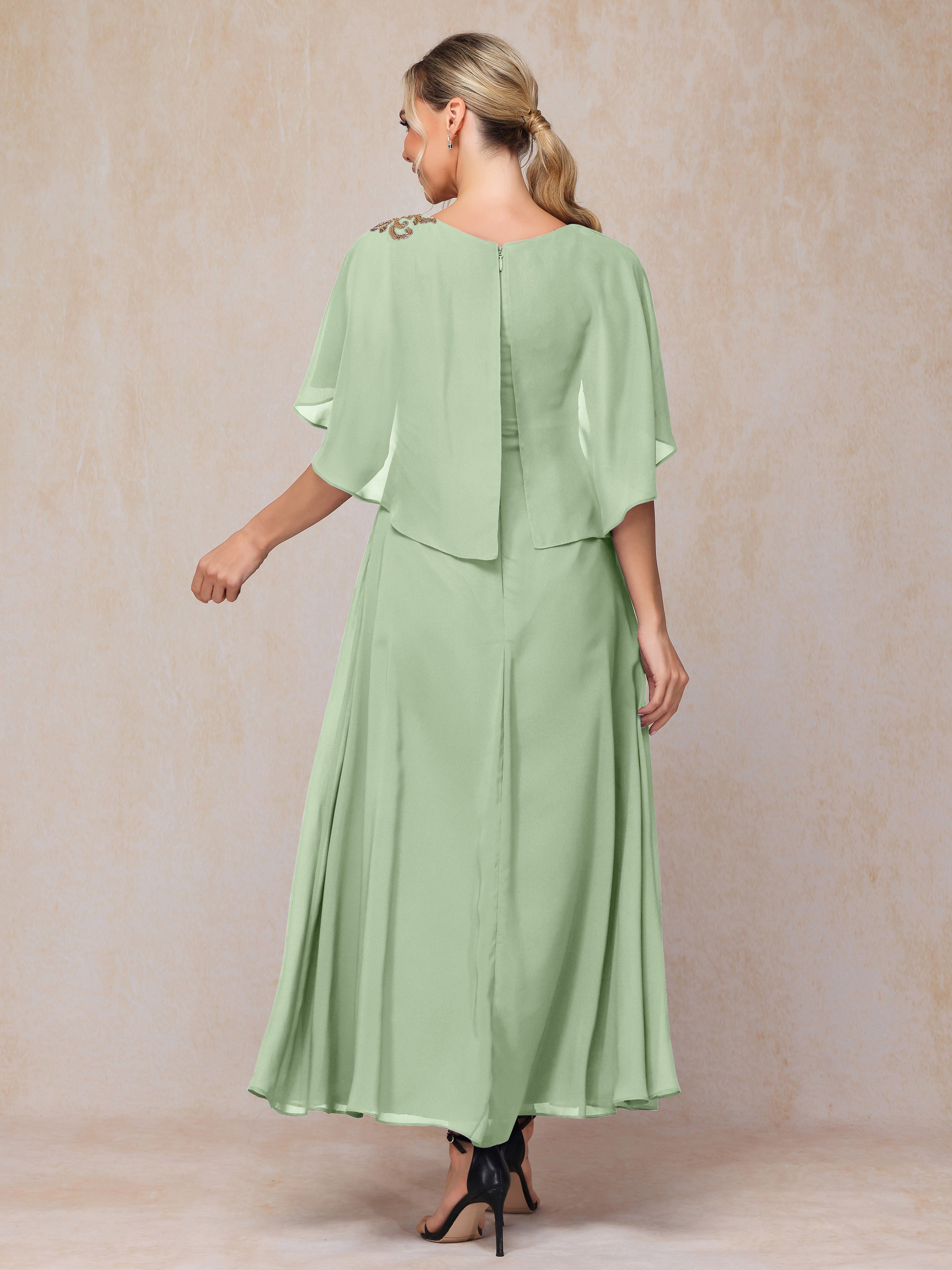 Formal Short Sleeves Ankle Length Chiffon Wedding Guest Dresses
