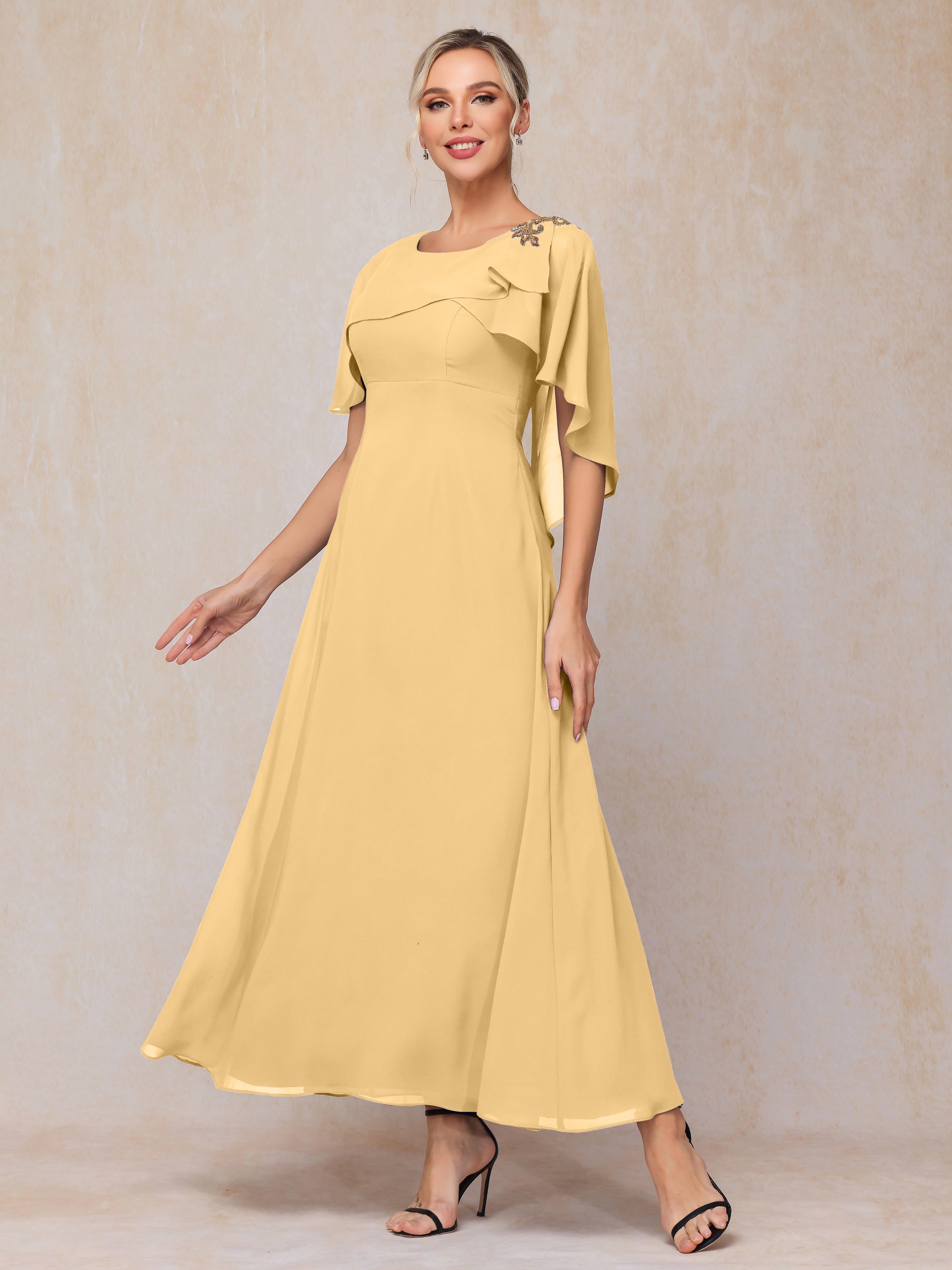 Formal Short Sleeves Ankle Length Chiffon Wedding Guest Dresses