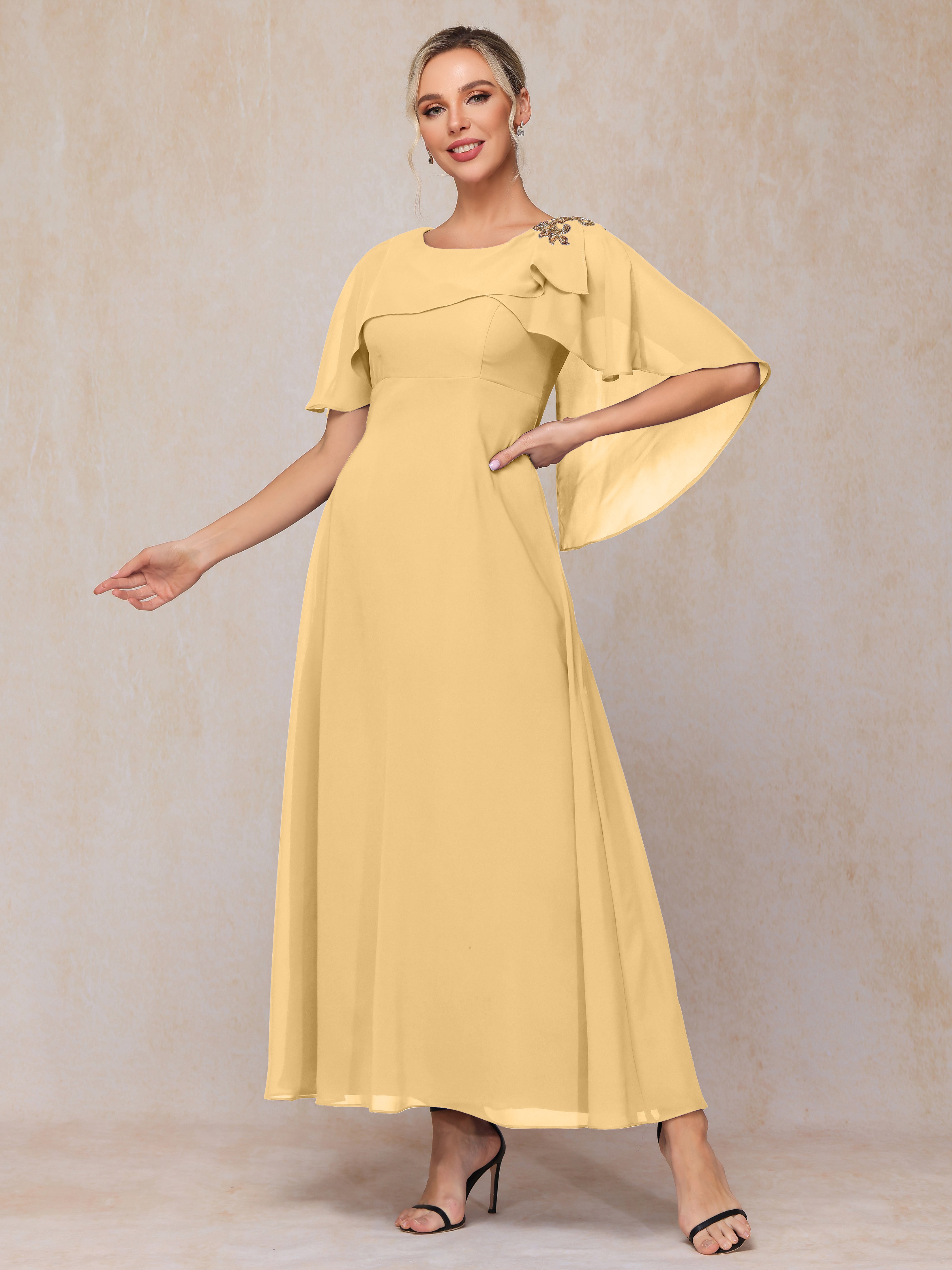 Formal Short Sleeves Ankle Length Chiffon Wedding Guest Dresses