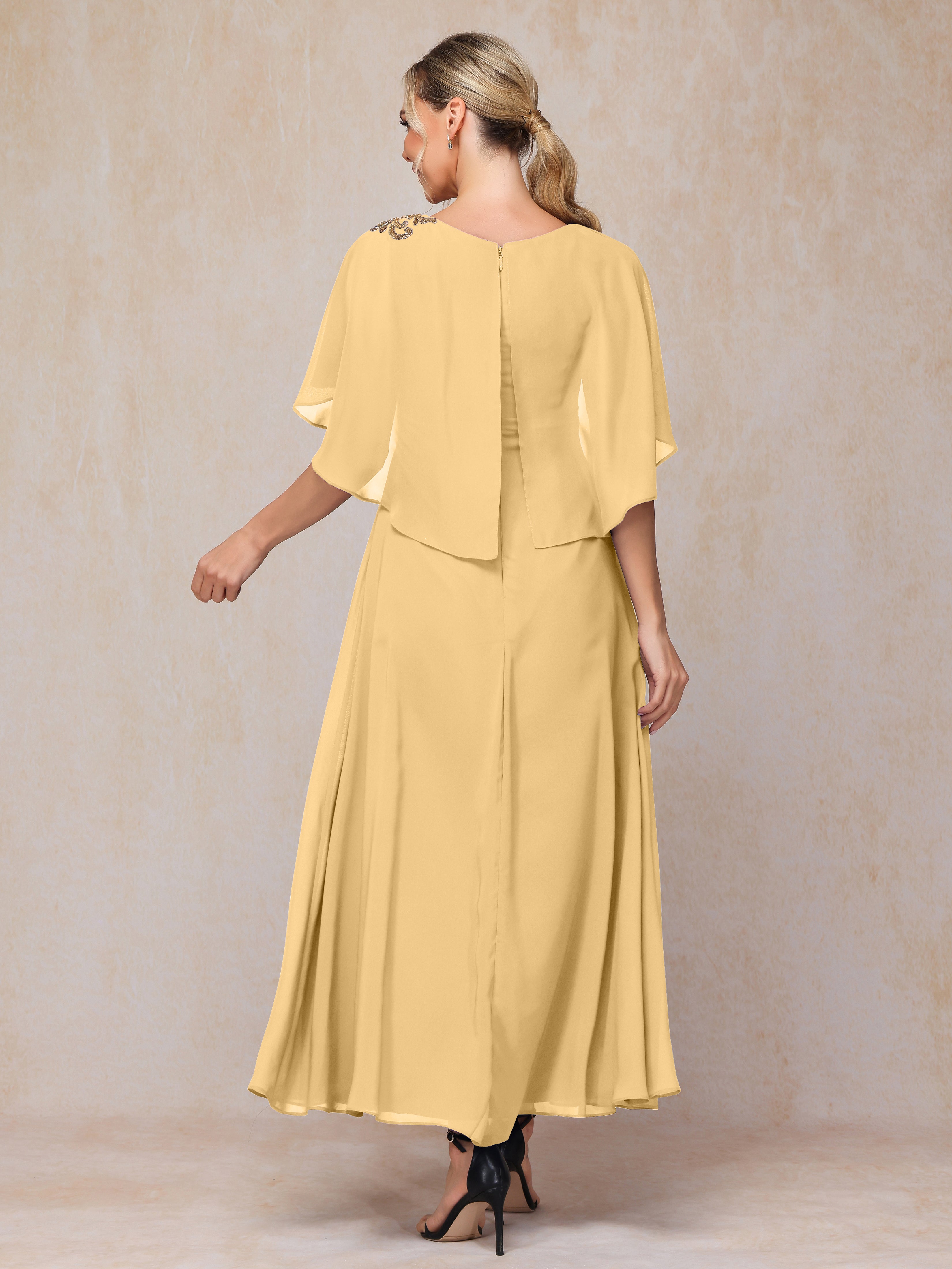 Formal Short Sleeves Ankle Length Chiffon Wedding Guest Dresses