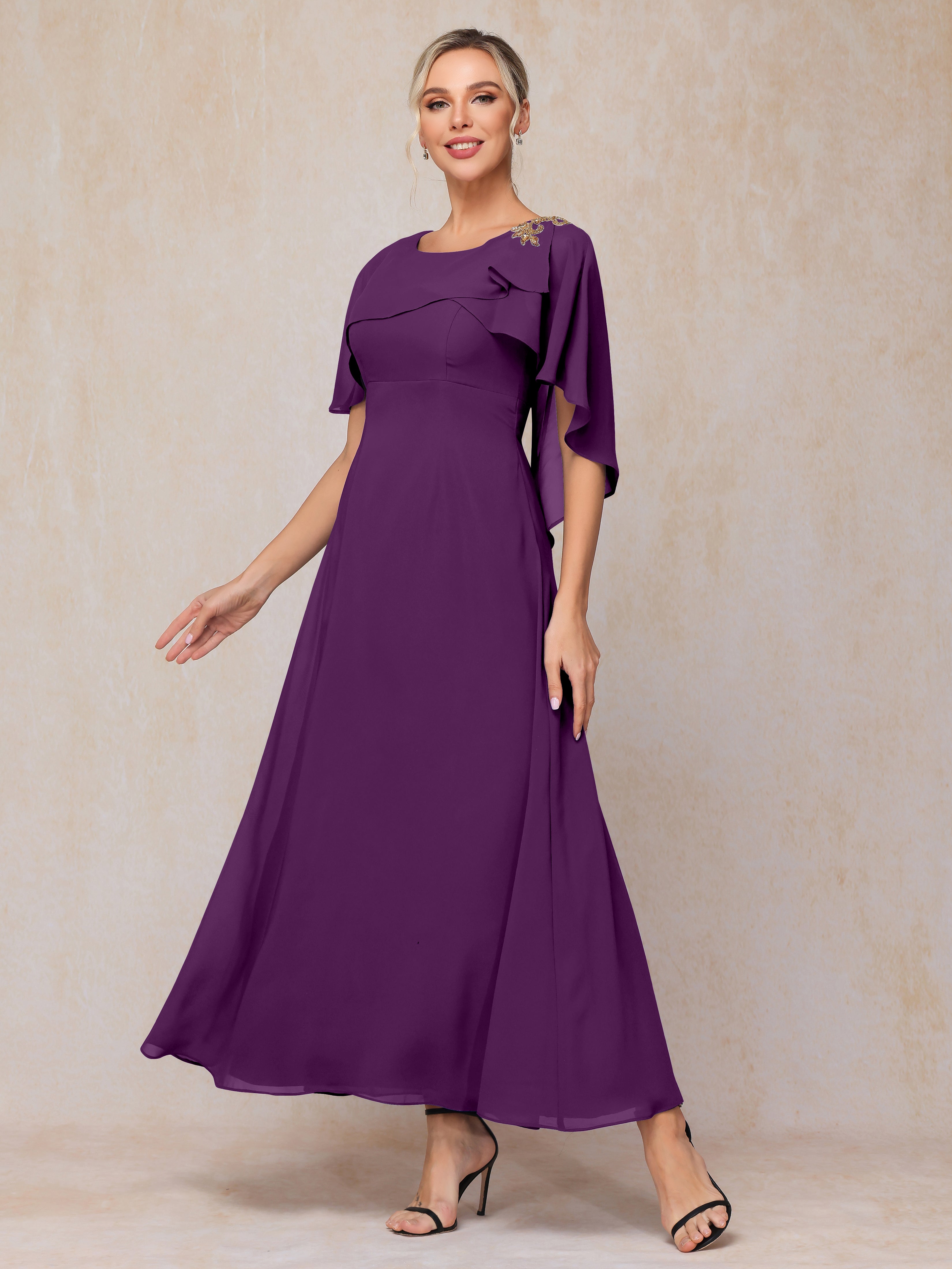 Formal Short Sleeves Ankle Length Chiffon Wedding Guest Dresses