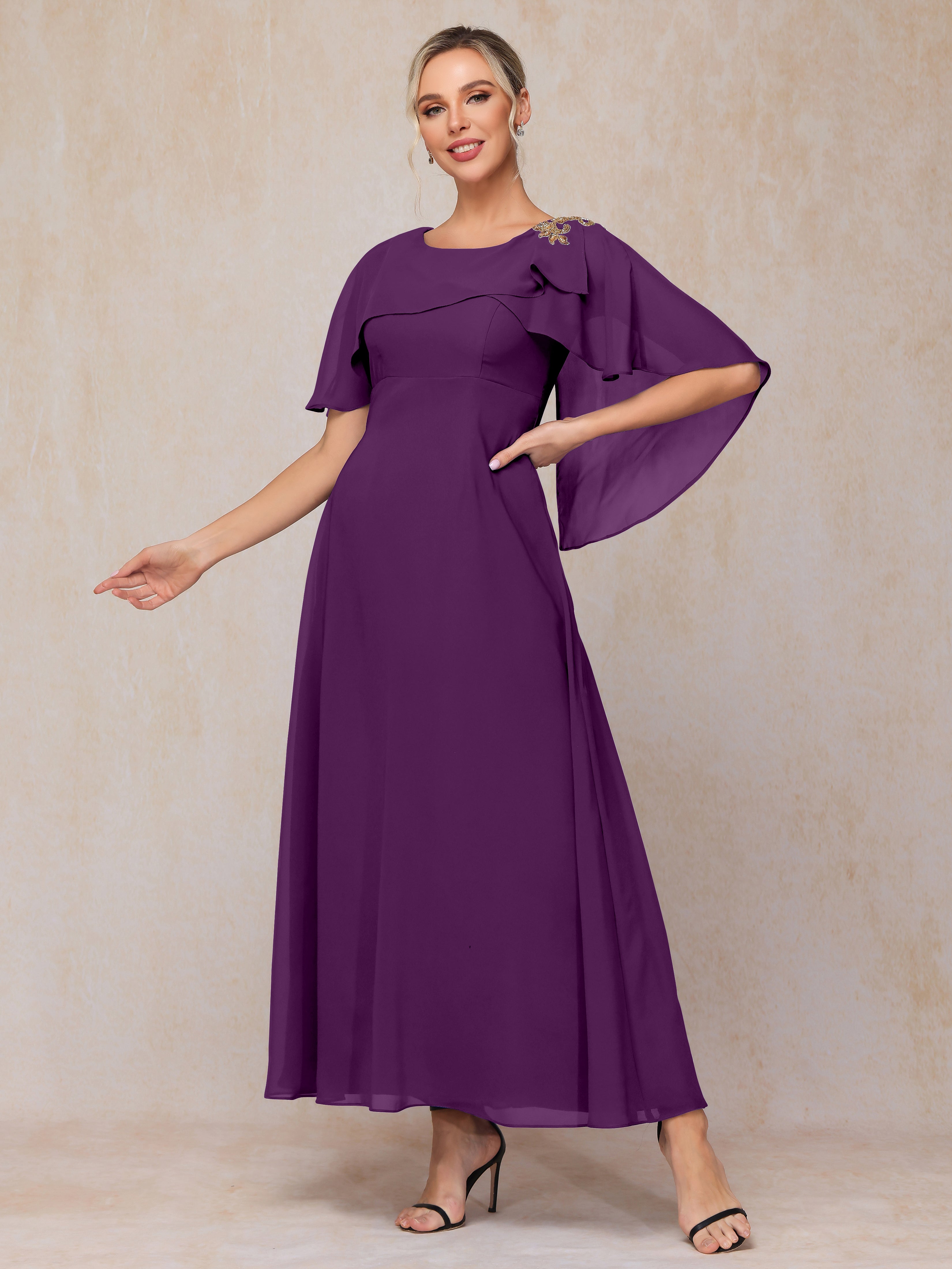 Formal Short Sleeves Ankle Length Chiffon Wedding Guest Dresses