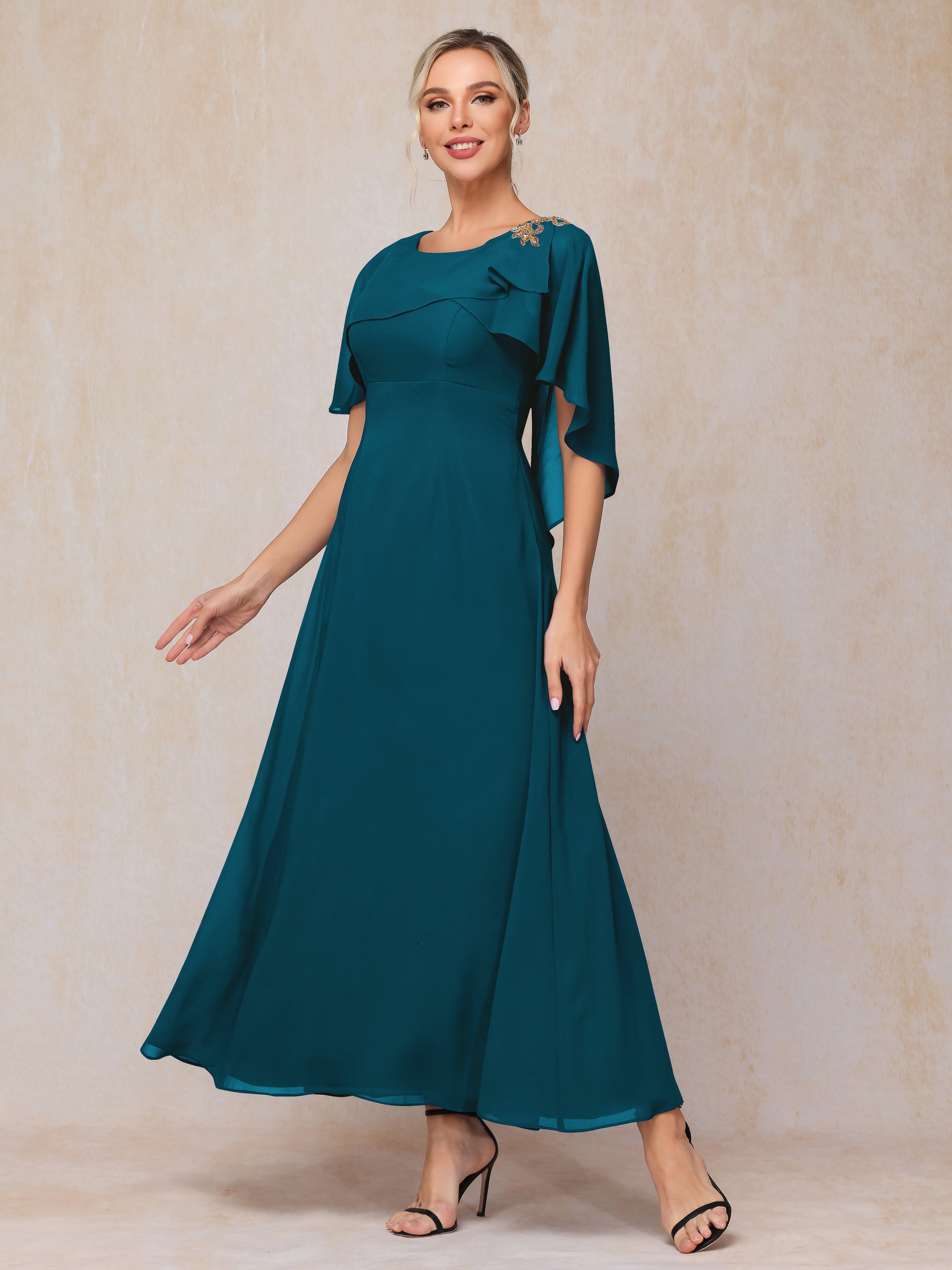 Formal Short Sleeves Ankle Length Chiffon Wedding Guest Dresses