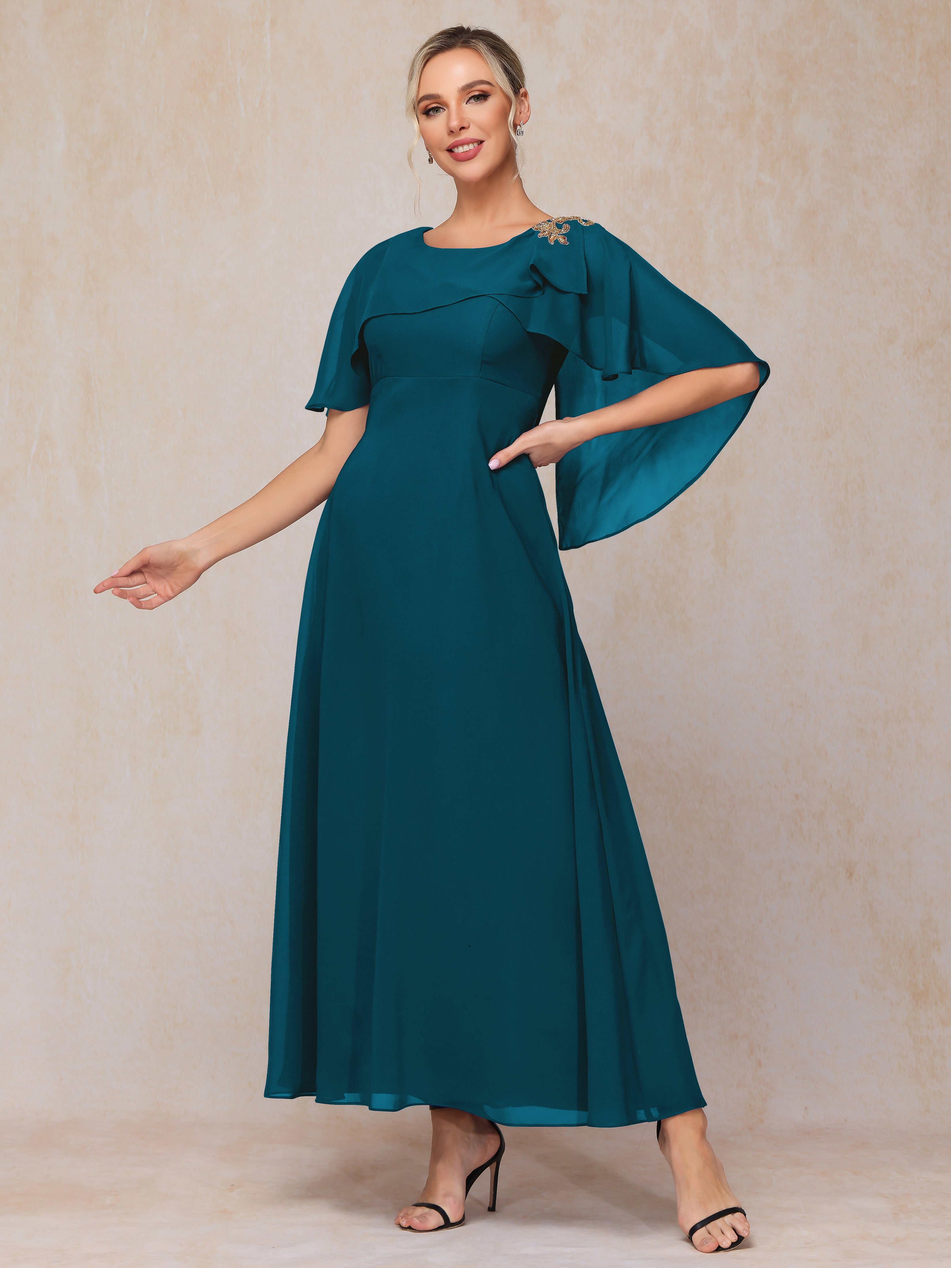 Formal Short Sleeves Ankle Length Chiffon Wedding Guest Dresses