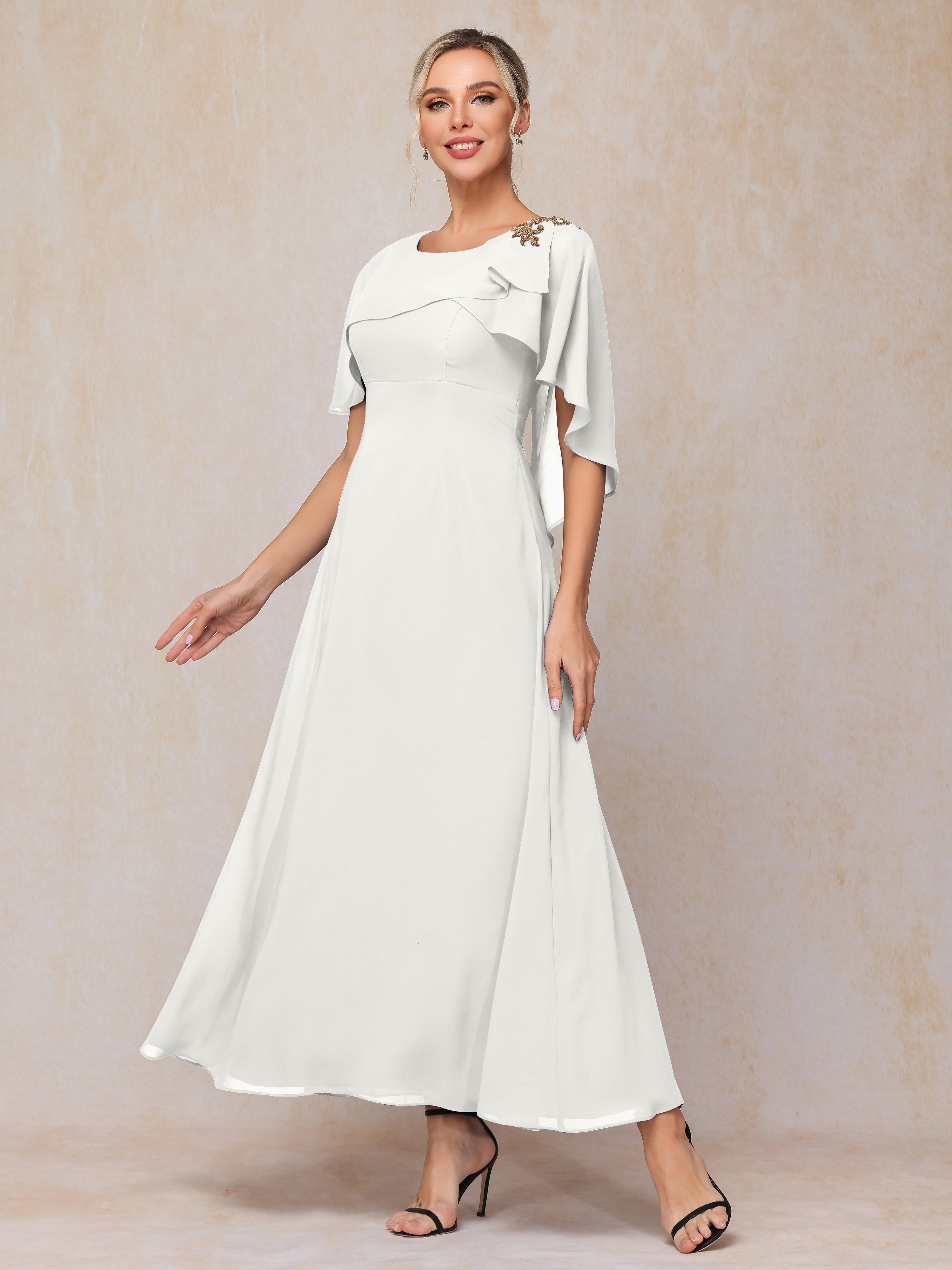 Formal Short Sleeves Ankle Length Chiffon Wedding Guest Dresses