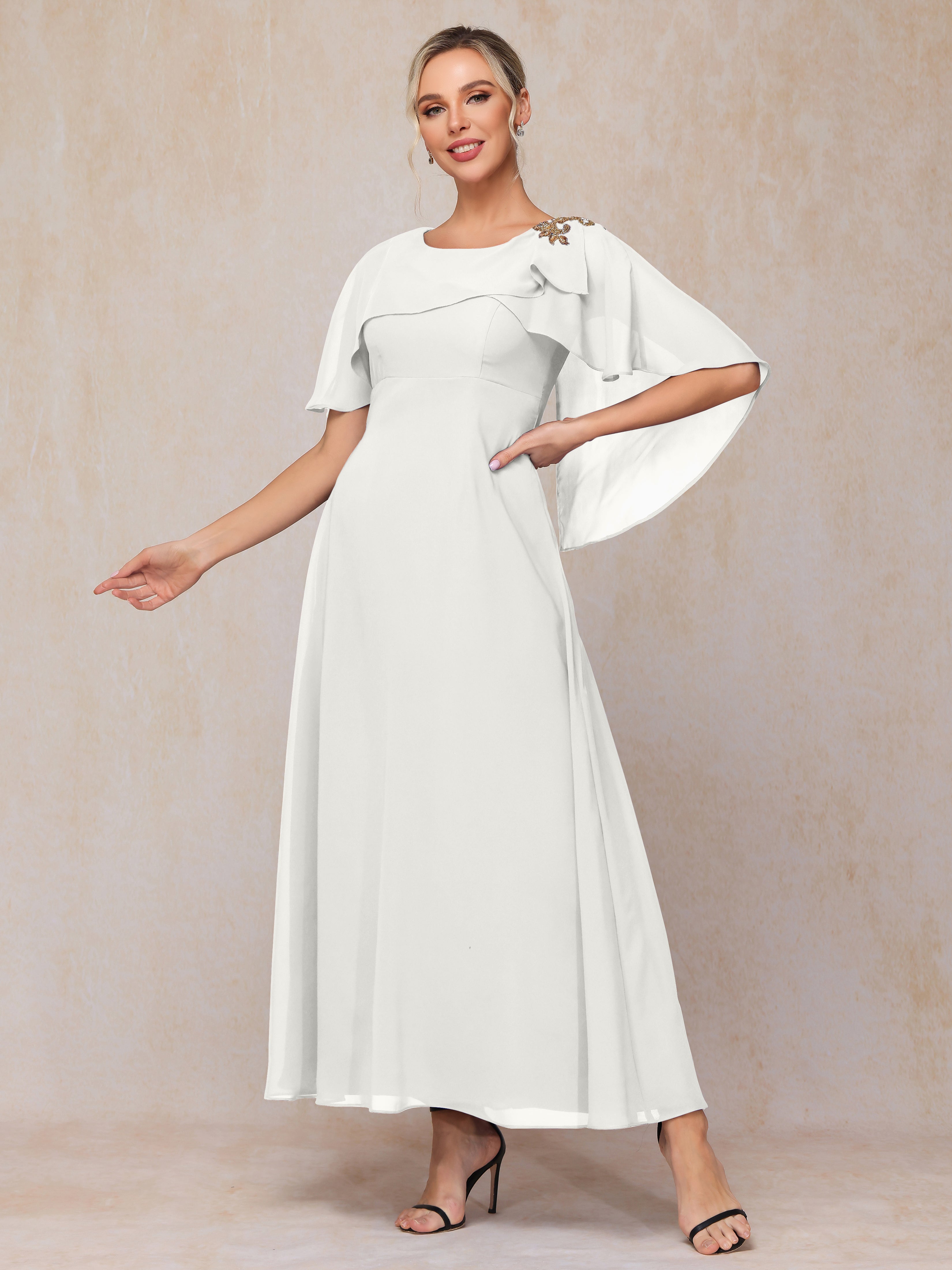 Formal Short Sleeves Ankle Length Chiffon Wedding Guest Dresses