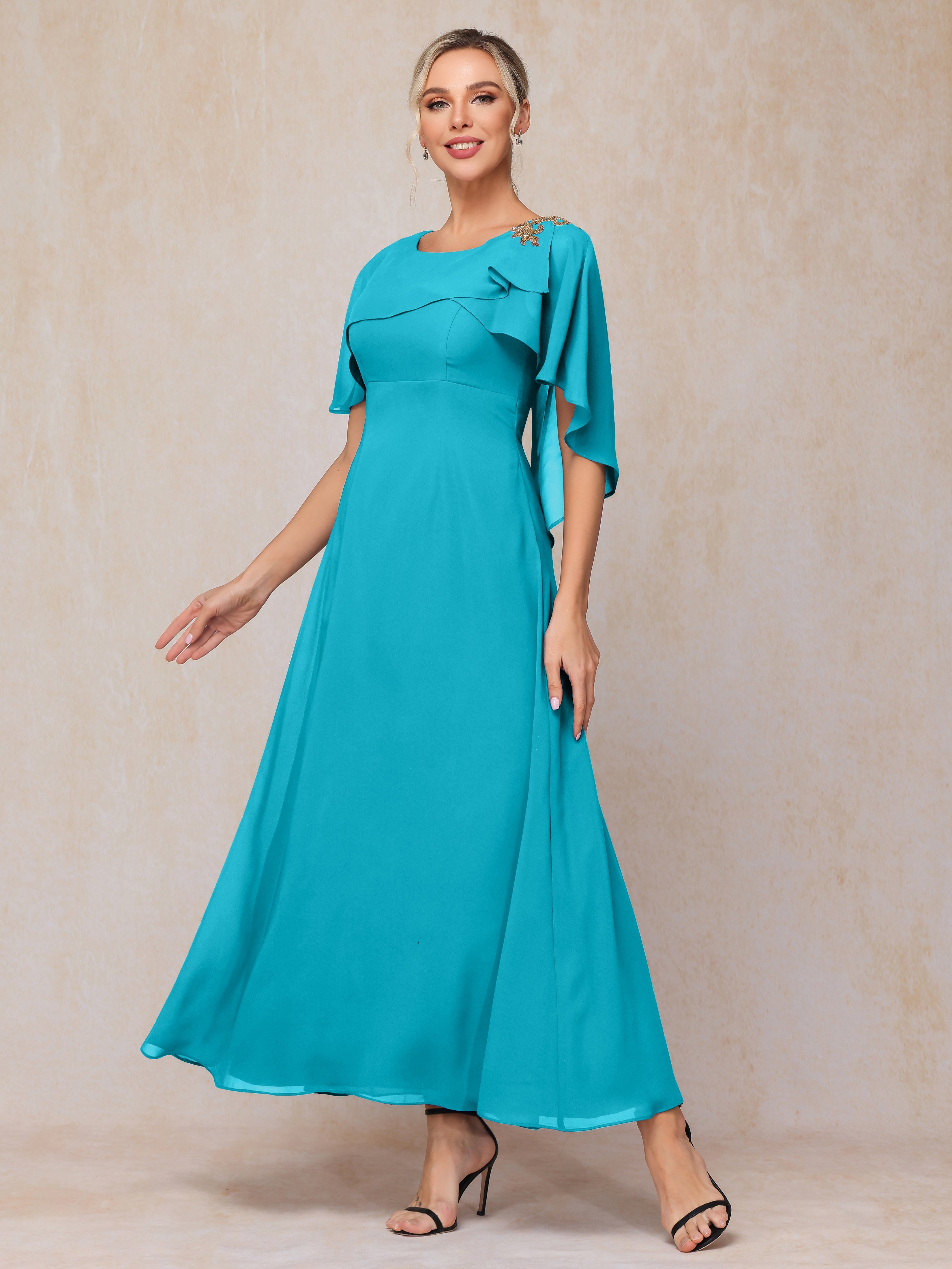 Formal Short Sleeves Ankle Length Chiffon Wedding Guest Dresses