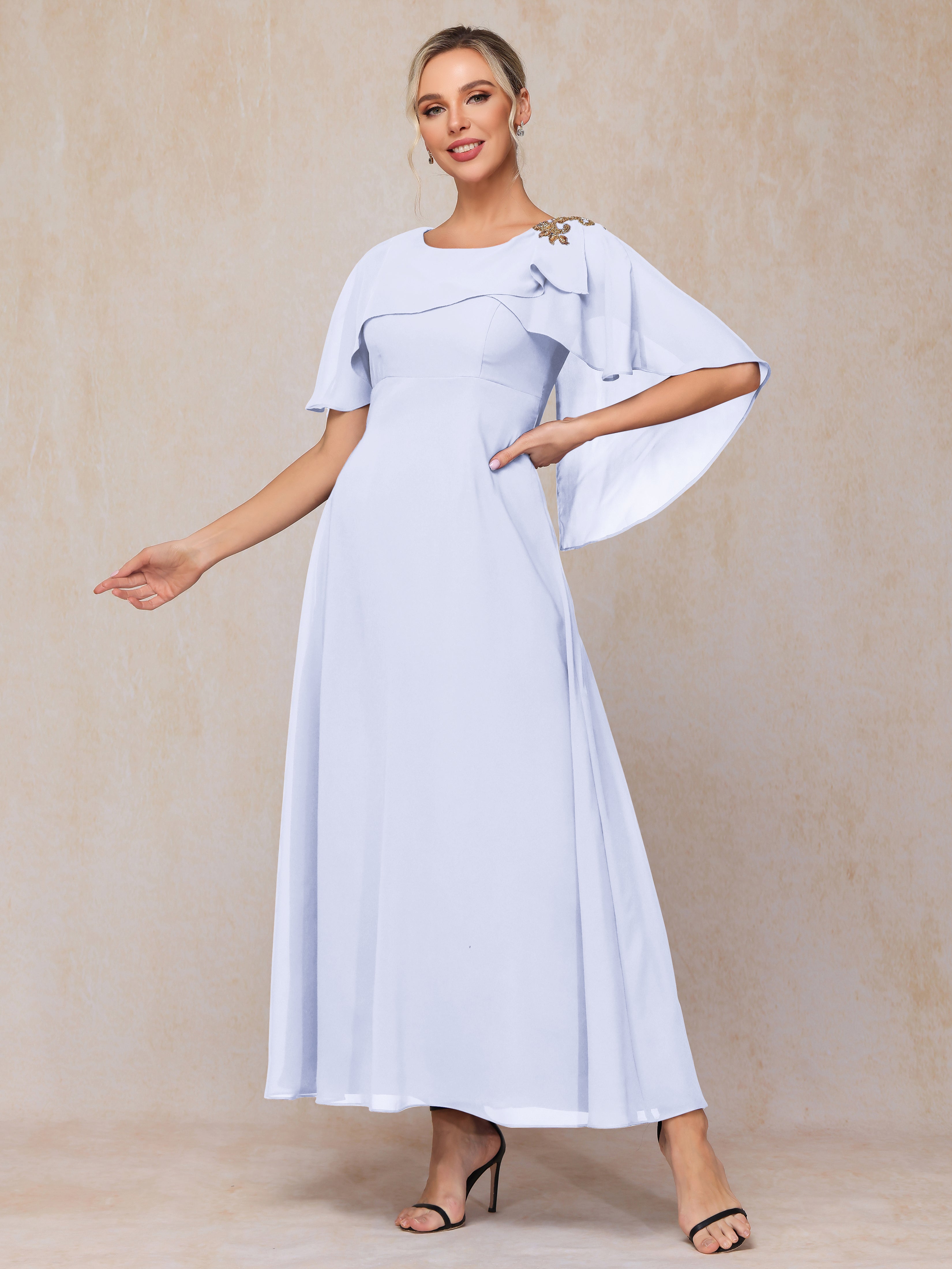 Formal Short Sleeves Ankle Length Chiffon Wedding Guest Dresses