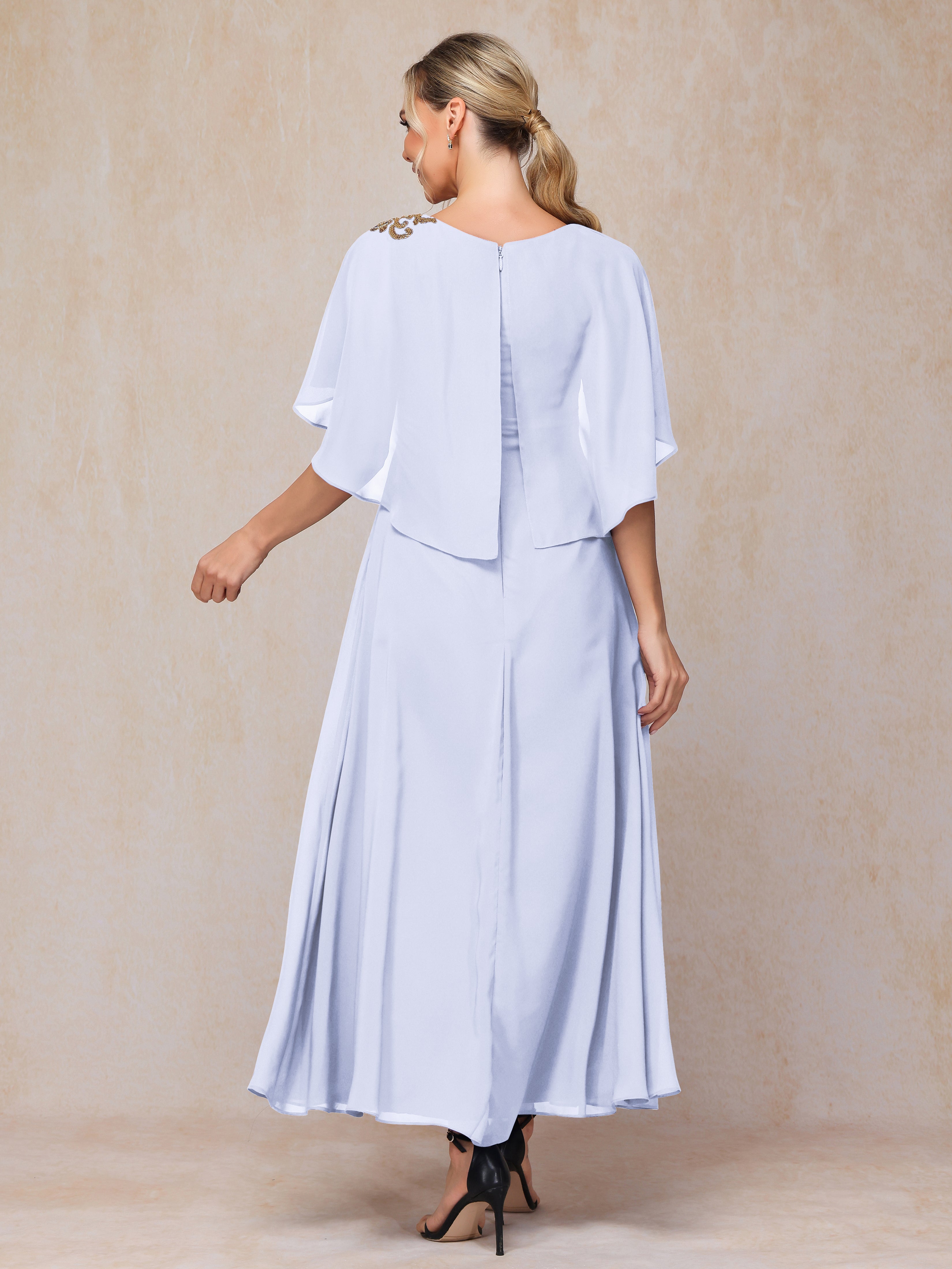 Formal Short Sleeves Ankle Length Chiffon Wedding Guest Dresses