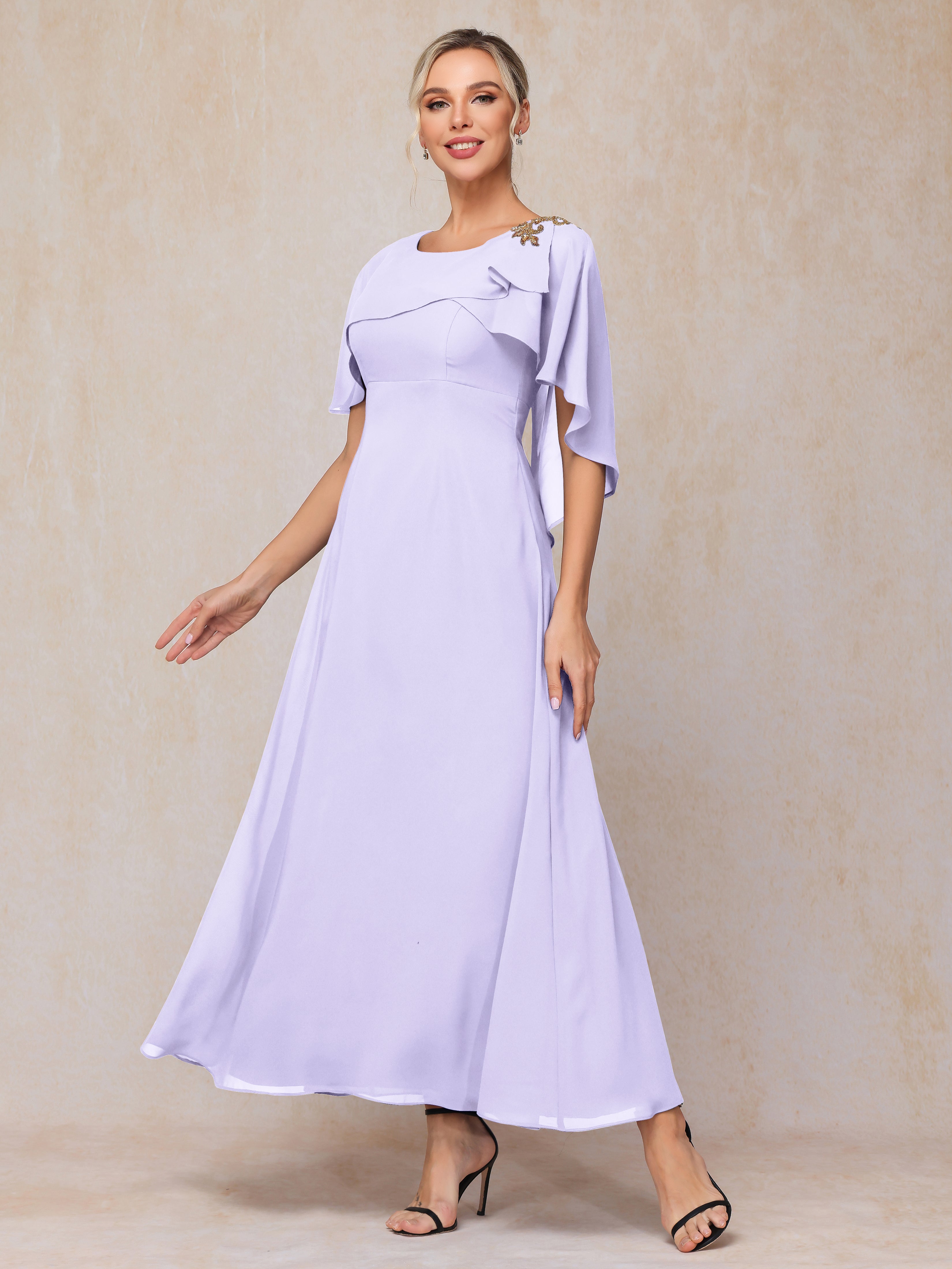 Formal Short Sleeves Ankle Length Chiffon Wedding Guest Dresses