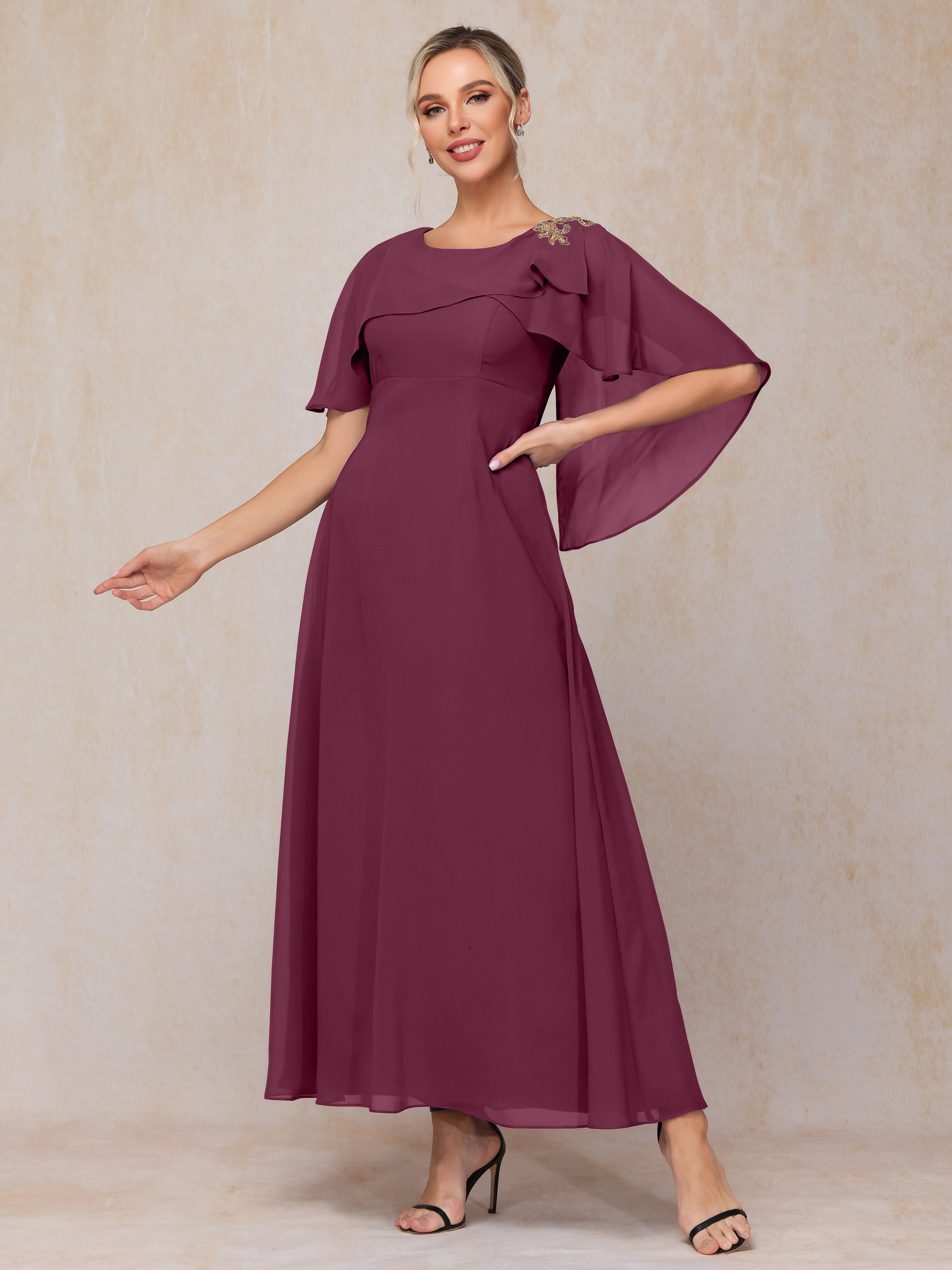 Formal Short Sleeves Ankle Length Chiffon Wedding Guest Dresses