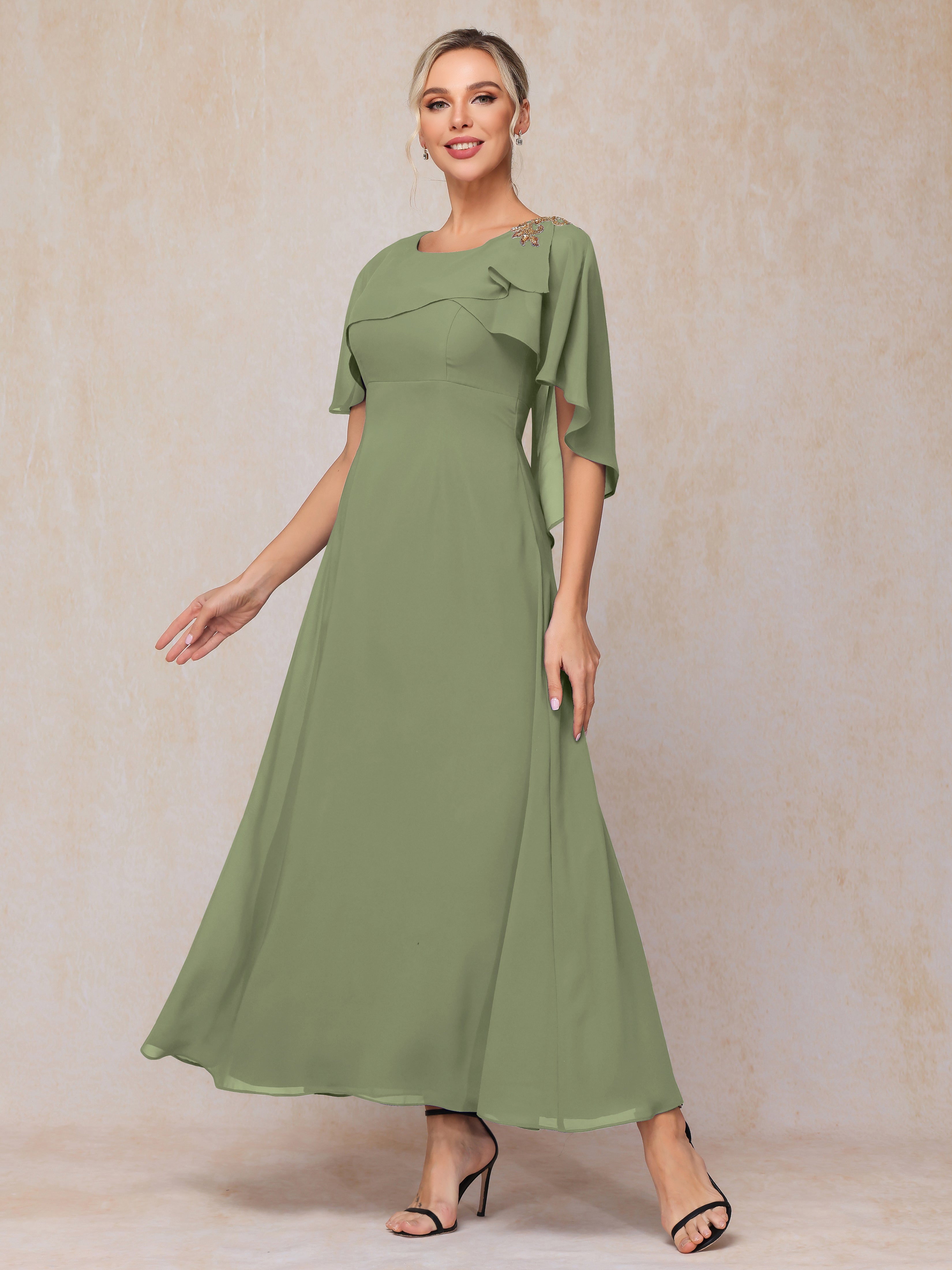 Formal Short Sleeves Ankle Length Chiffon Wedding Guest Dresses