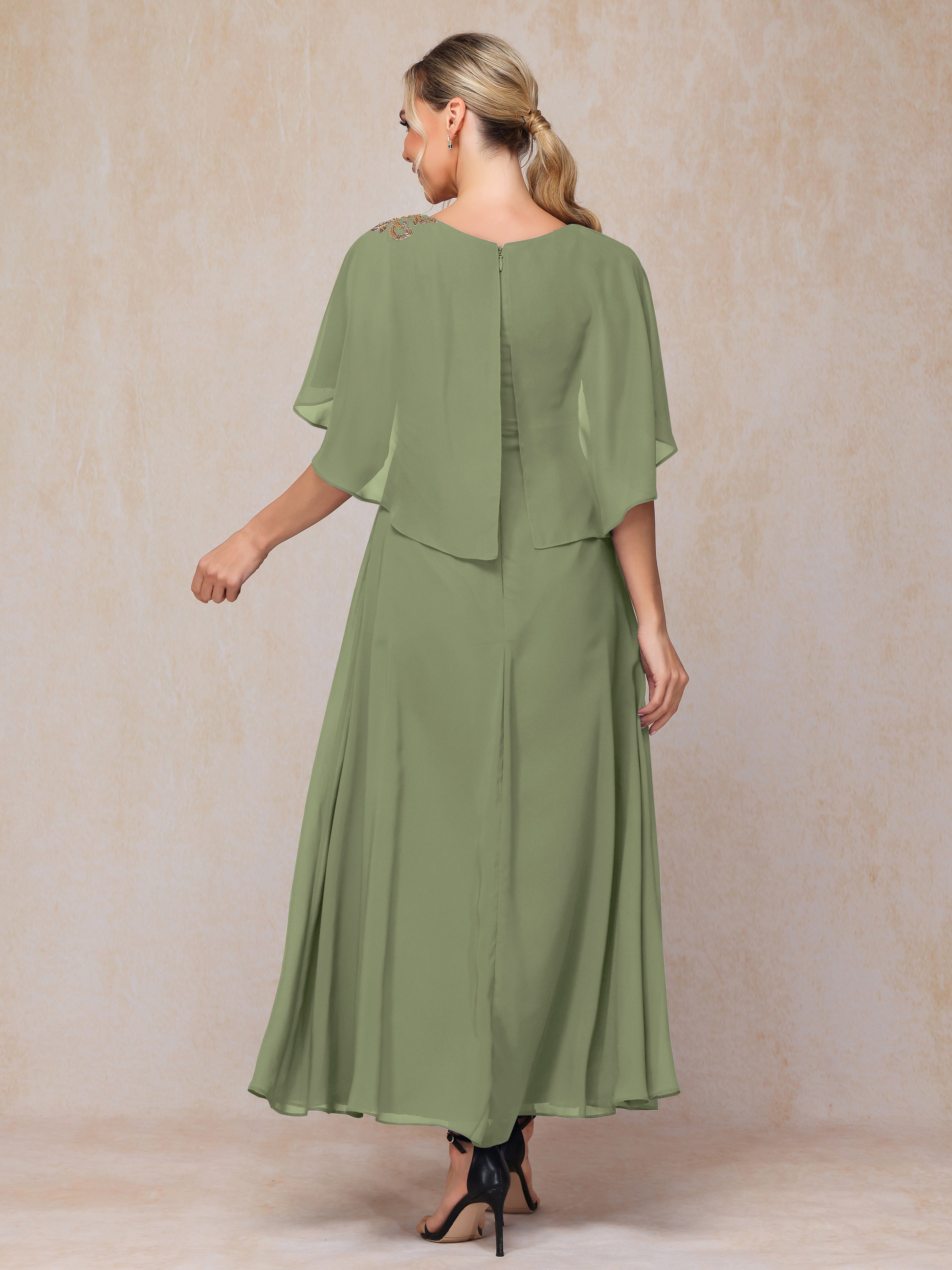 Formal Short Sleeves Ankle Length Chiffon Wedding Guest Dresses