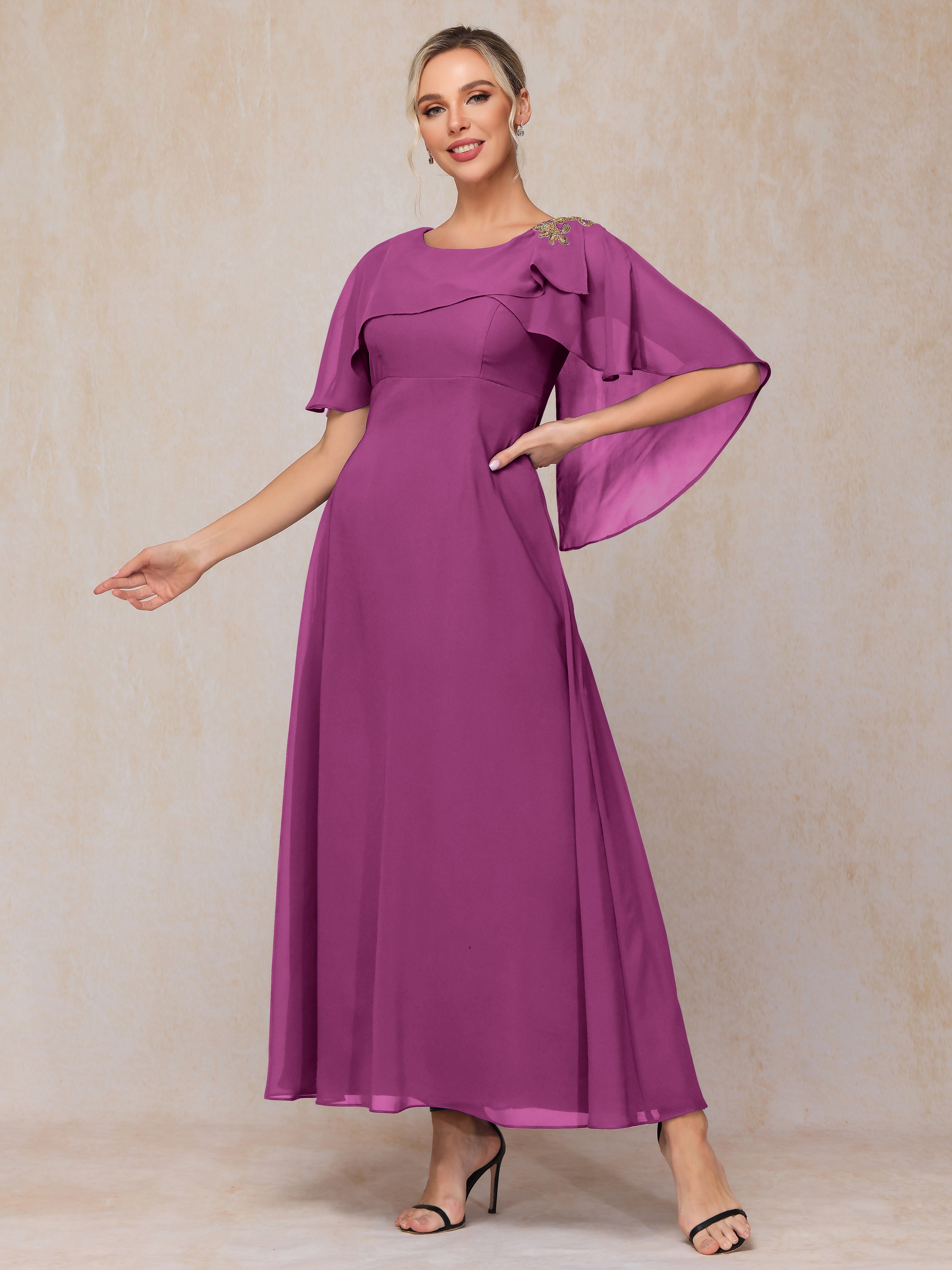 Formal Short Sleeves Ankle Length Chiffon Wedding Guest Dresses