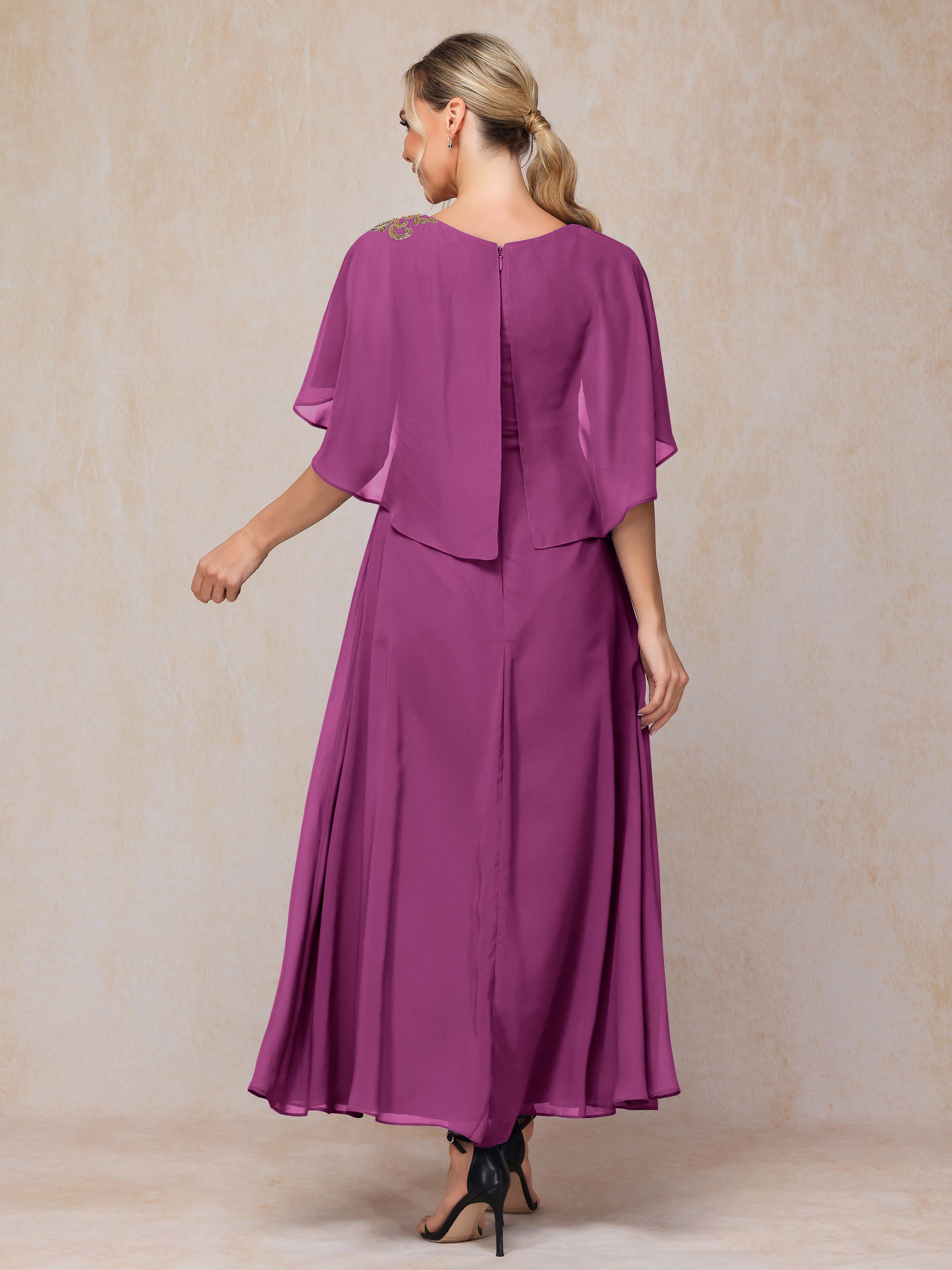 Formal Short Sleeves Ankle Length Chiffon Wedding Guest Dresses