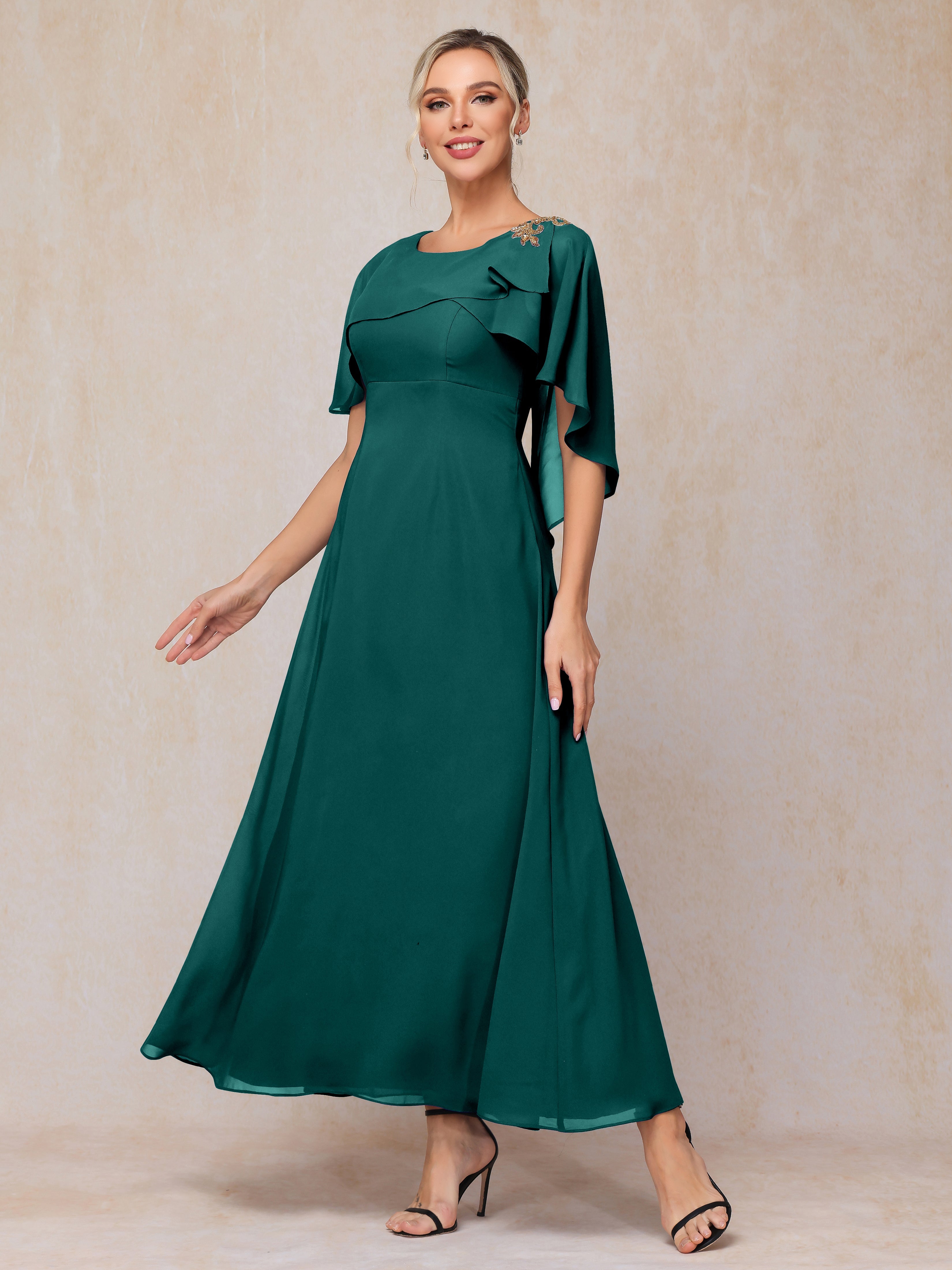 Formal Short Sleeves Ankle Length Chiffon Wedding Guest Dresses
