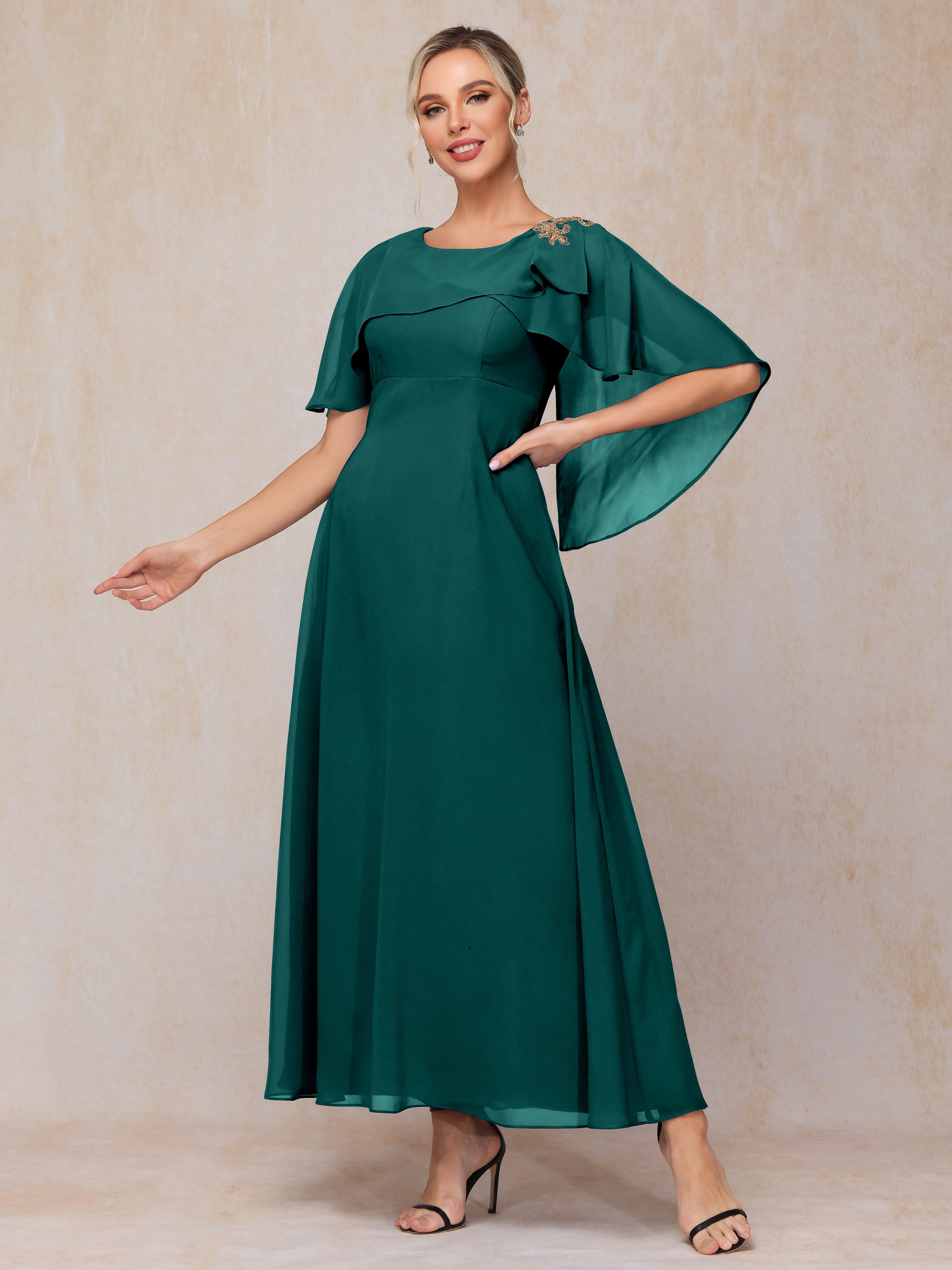 Formal Short Sleeves Ankle Length Chiffon Wedding Guest Dresses