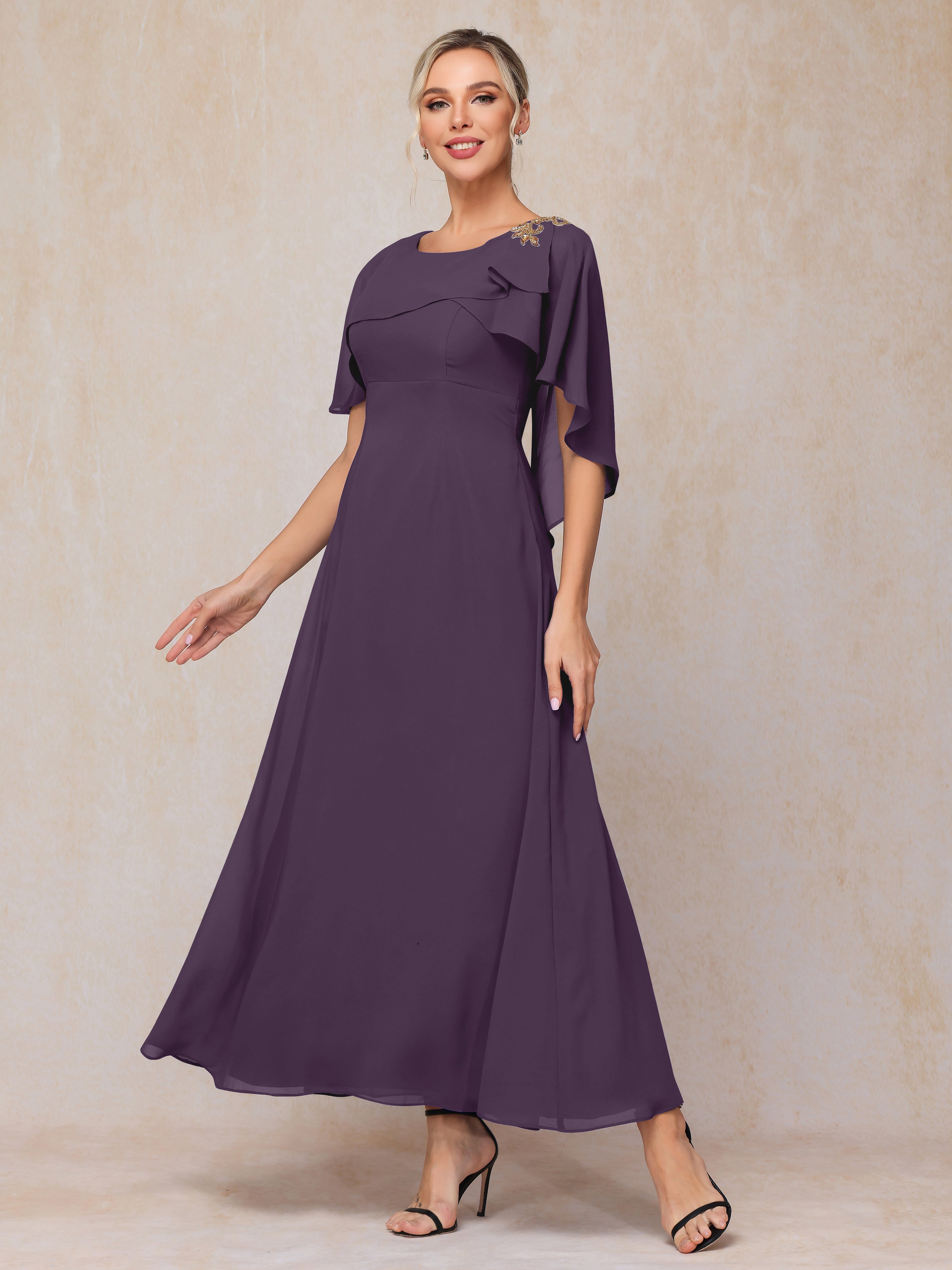 Formal Short Sleeves Ankle Length Chiffon Wedding Guest Dresses