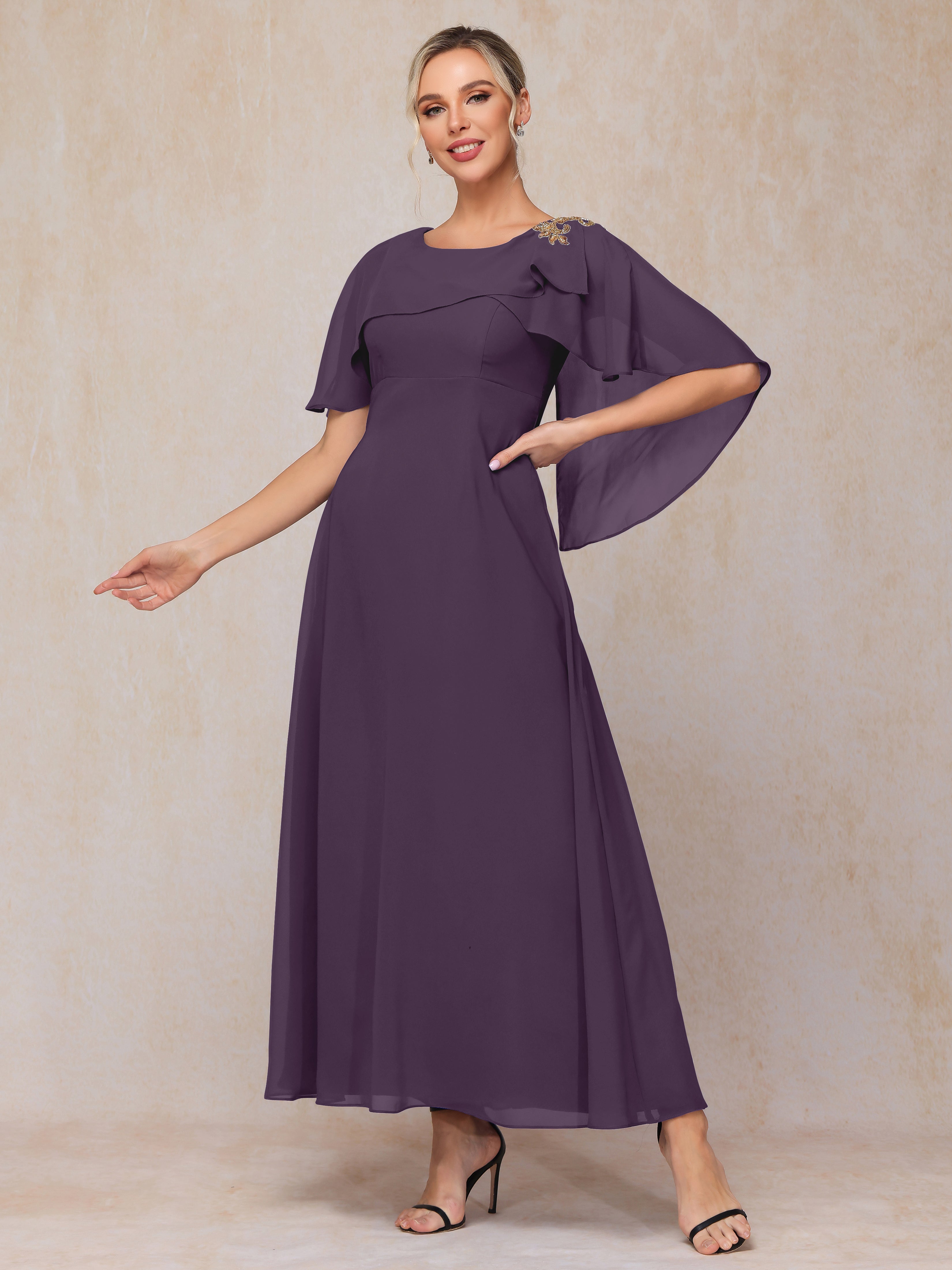 Formal Short Sleeves Ankle Length Chiffon Wedding Guest Dresses