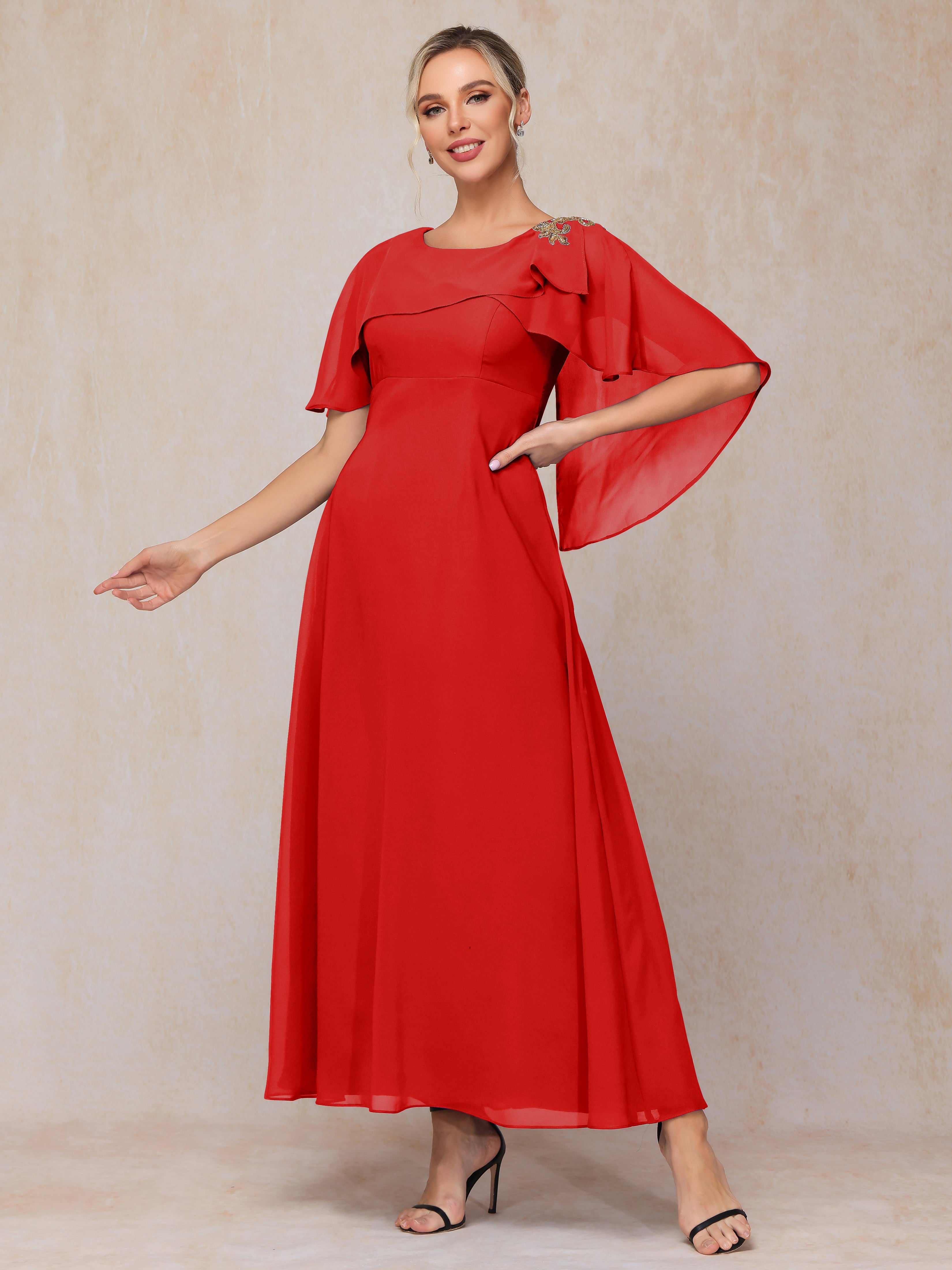 Formal Short Sleeves Ankle Length Chiffon Wedding Guest Dresses