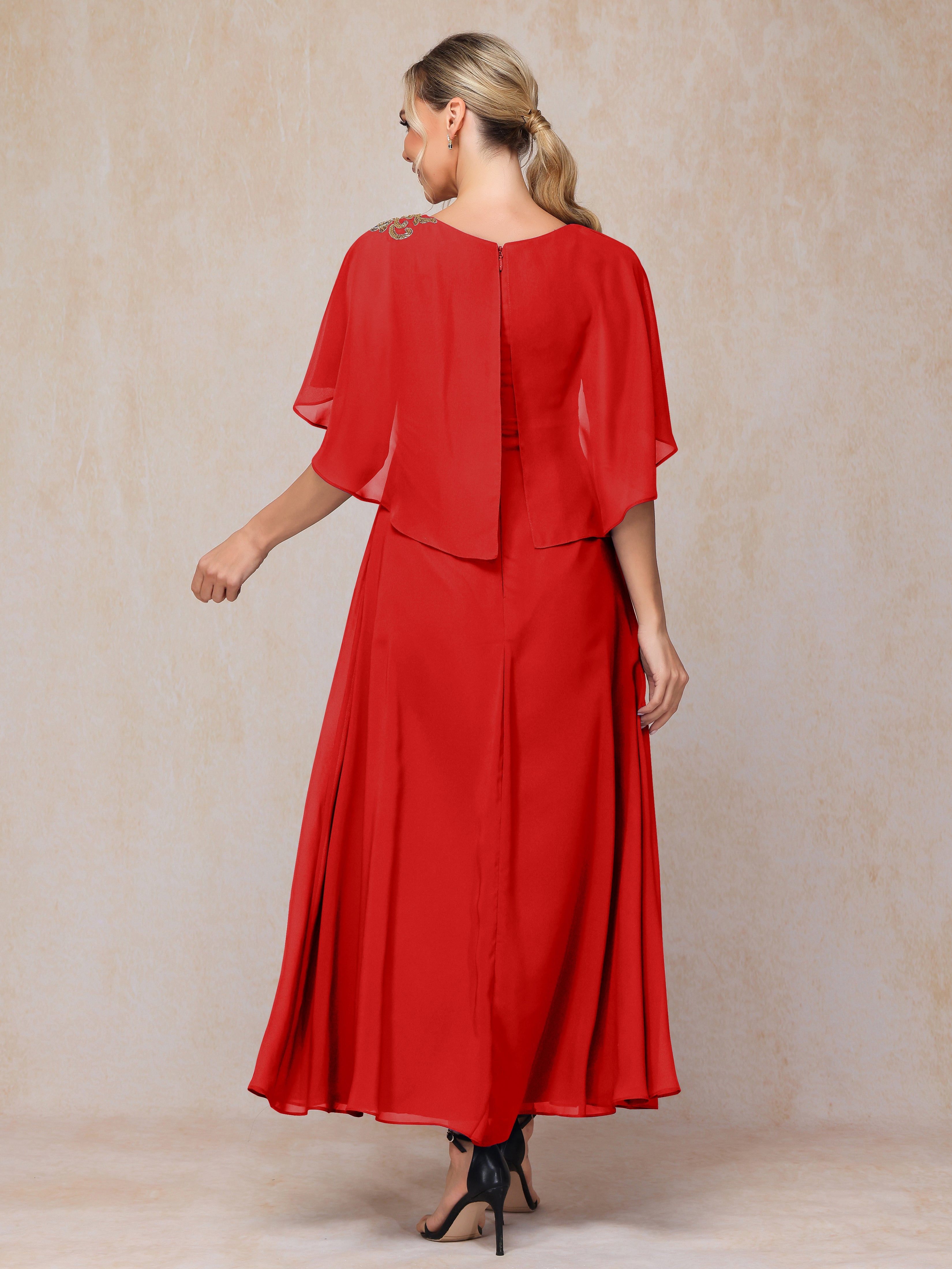 Formal Short Sleeves Ankle Length Chiffon Wedding Guest Dresses