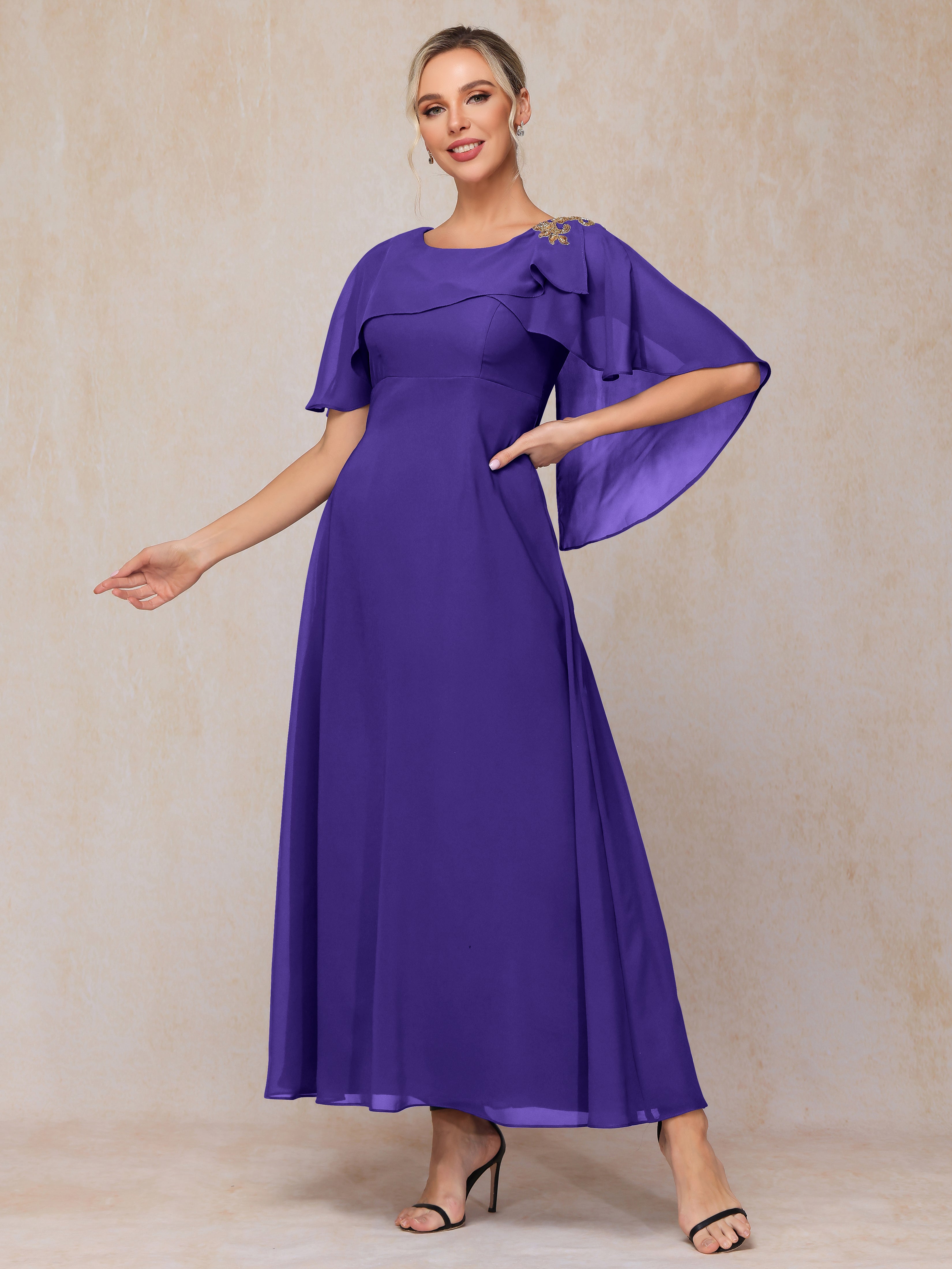 Formal Short Sleeves Ankle Length Chiffon Wedding Guest Dresses