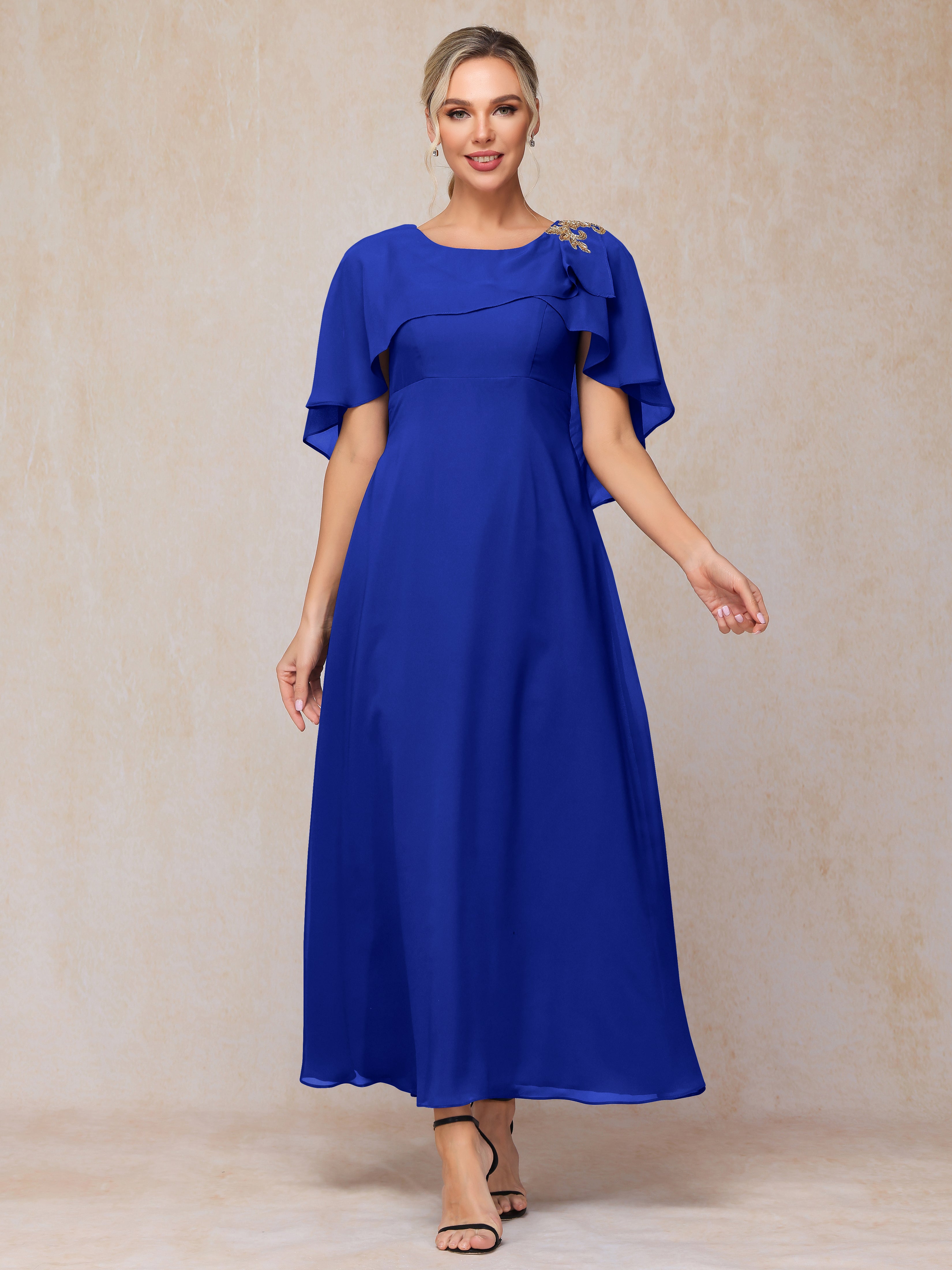 Short Sleeves Ankle Length Chiffon Mother Of The Bride Dress, Royal_Blue Short Sleeves Ankle Length Chiffon Mother Of The Bride Dress, Royal_Blue