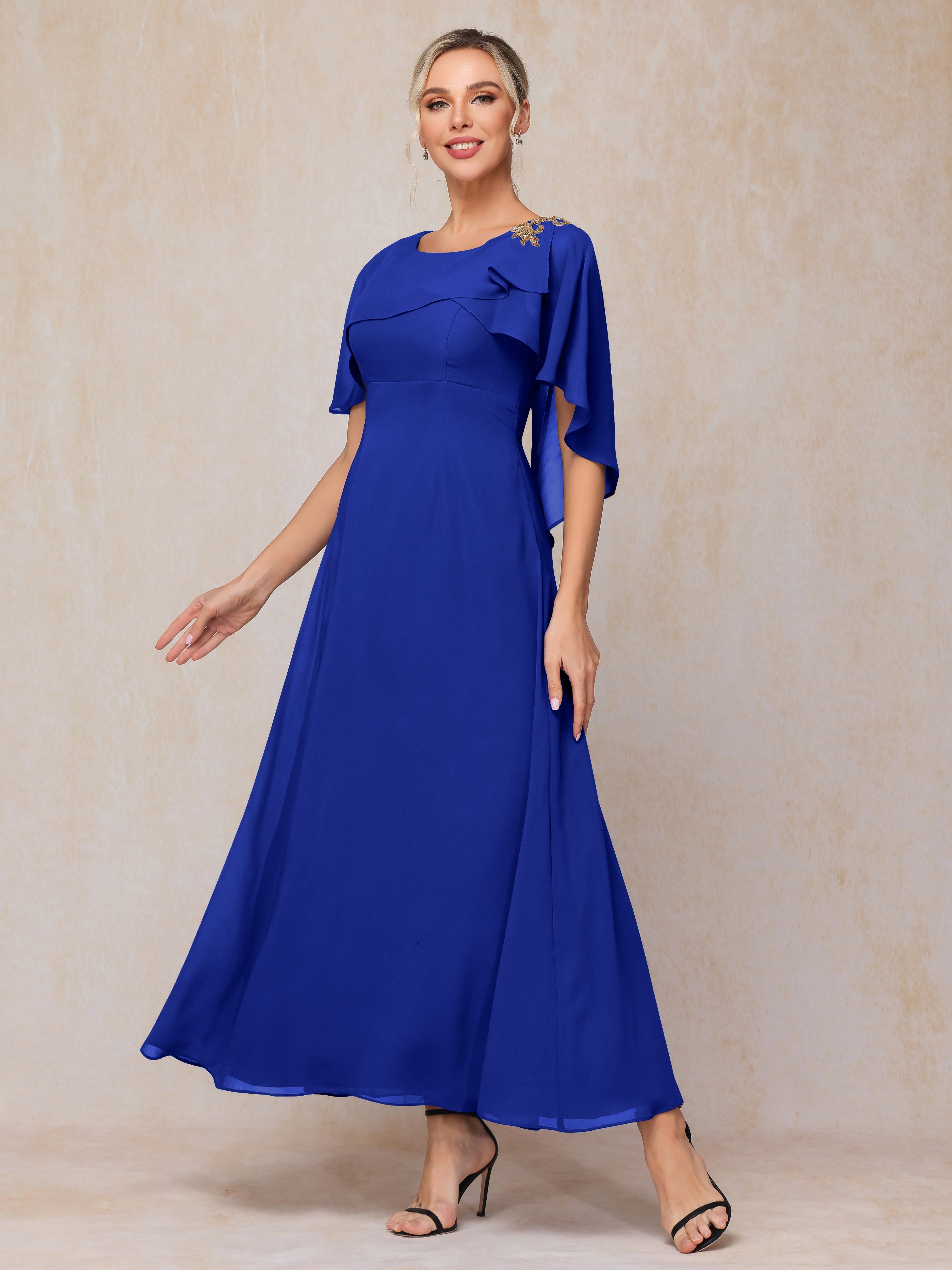 Formal Short Sleeves Ankle Length Chiffon Wedding Guest Dresses