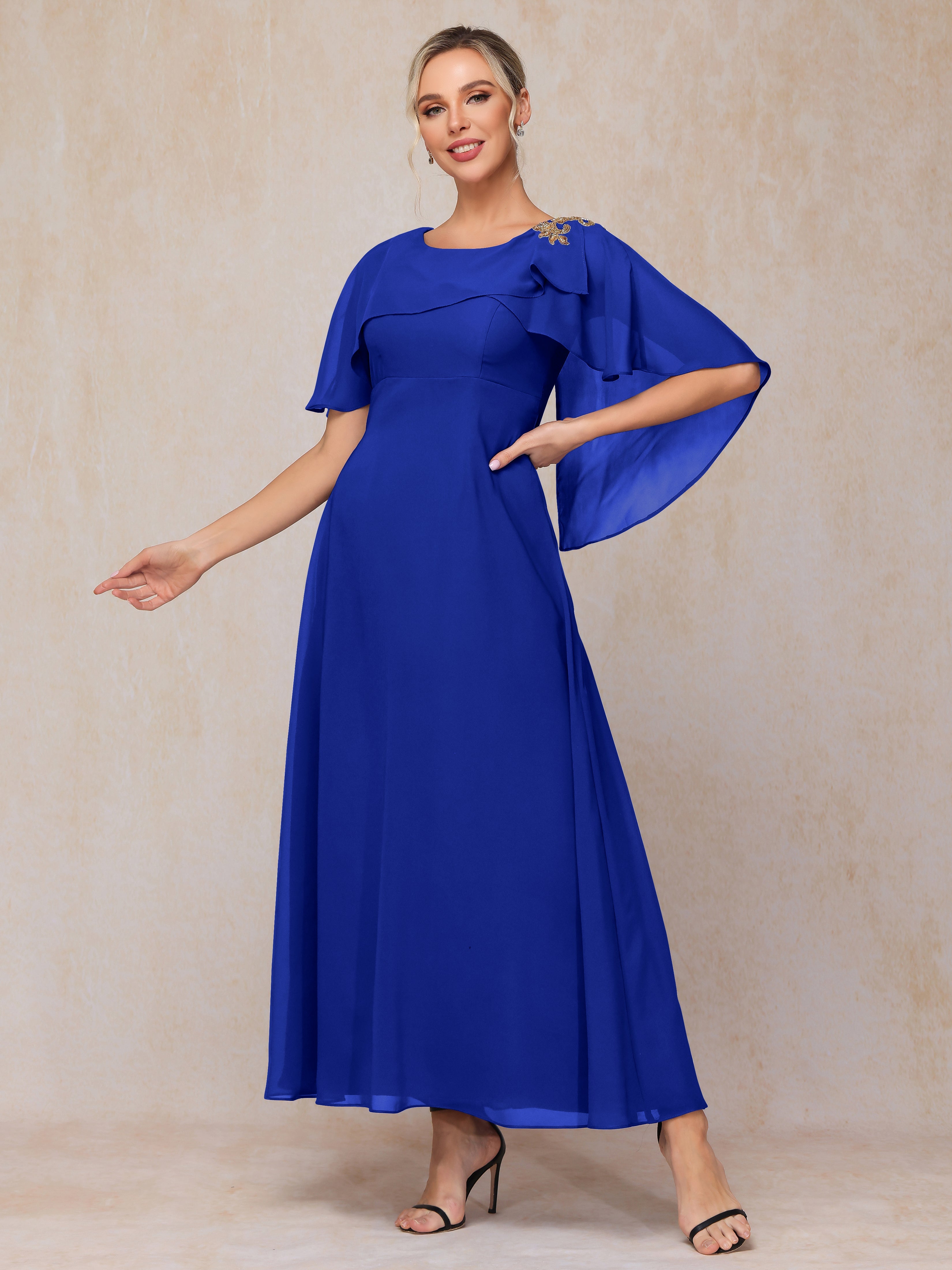 Formal Short Sleeves Ankle Length Chiffon Wedding Guest Dresses