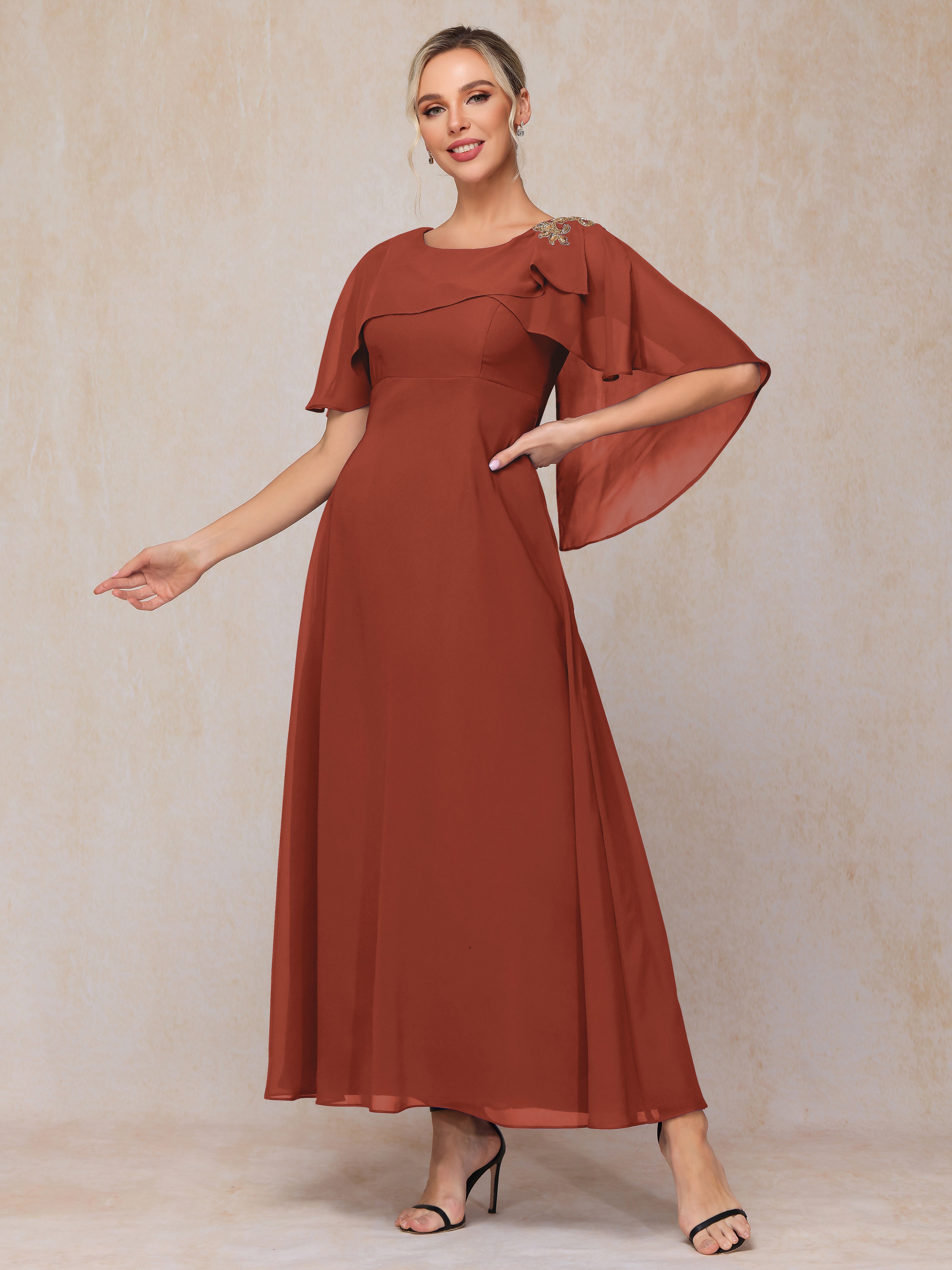 Formal Short Sleeves Ankle Length Chiffon Wedding Guest Dresses