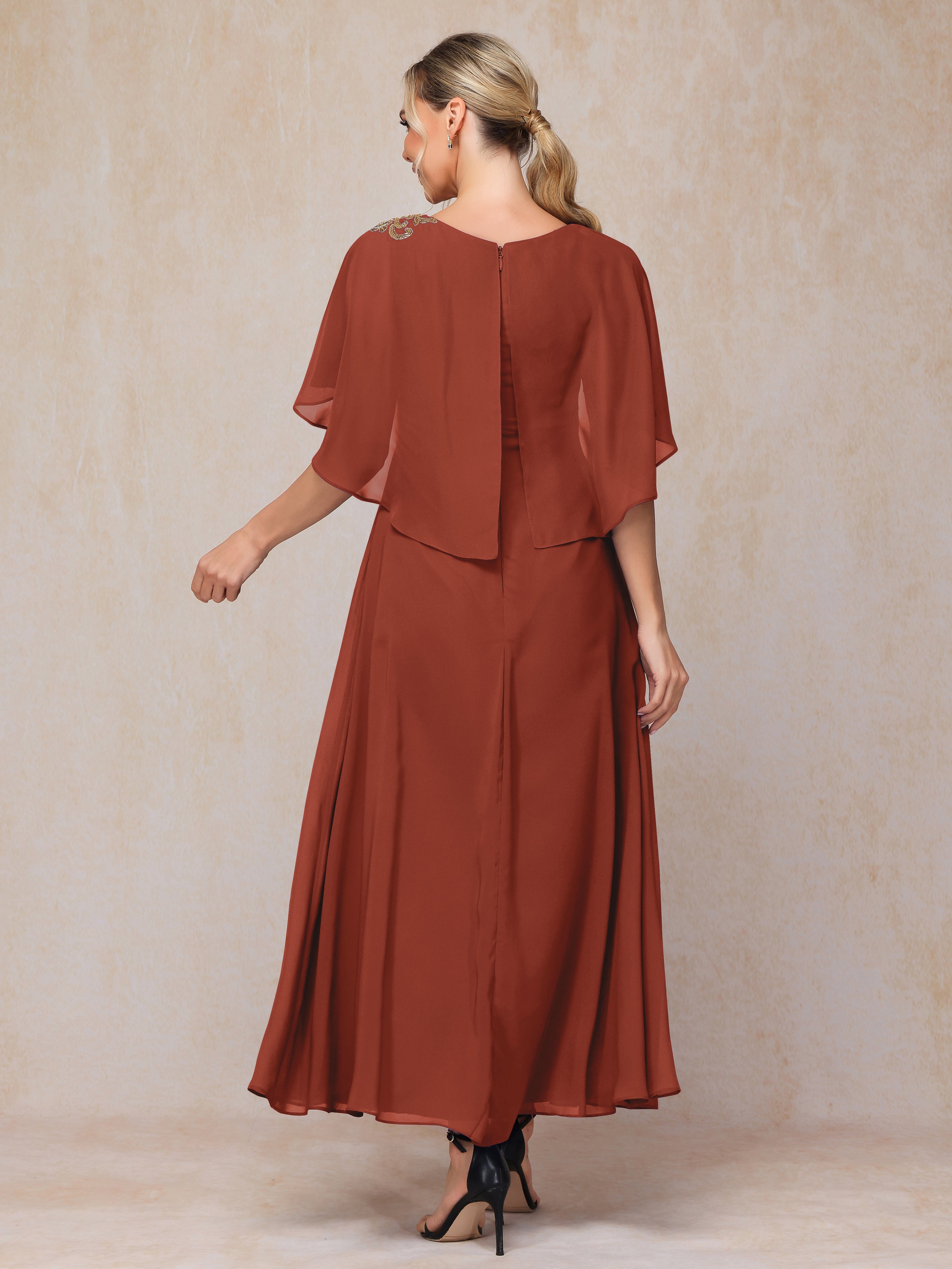 Formal Short Sleeves Ankle Length Chiffon Wedding Guest Dresses