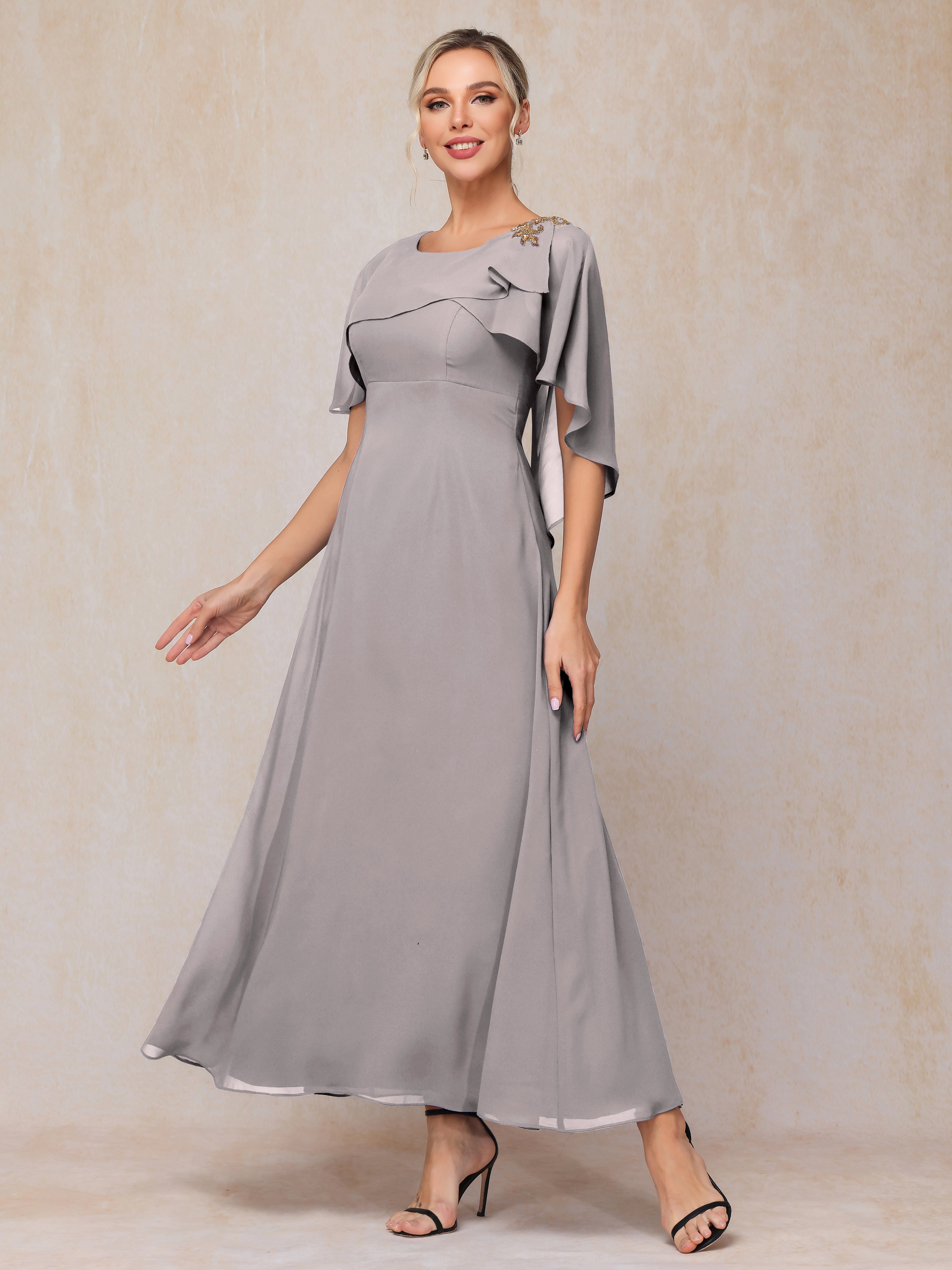 Formal Short Sleeves Ankle Length Chiffon Wedding Guest Dresses