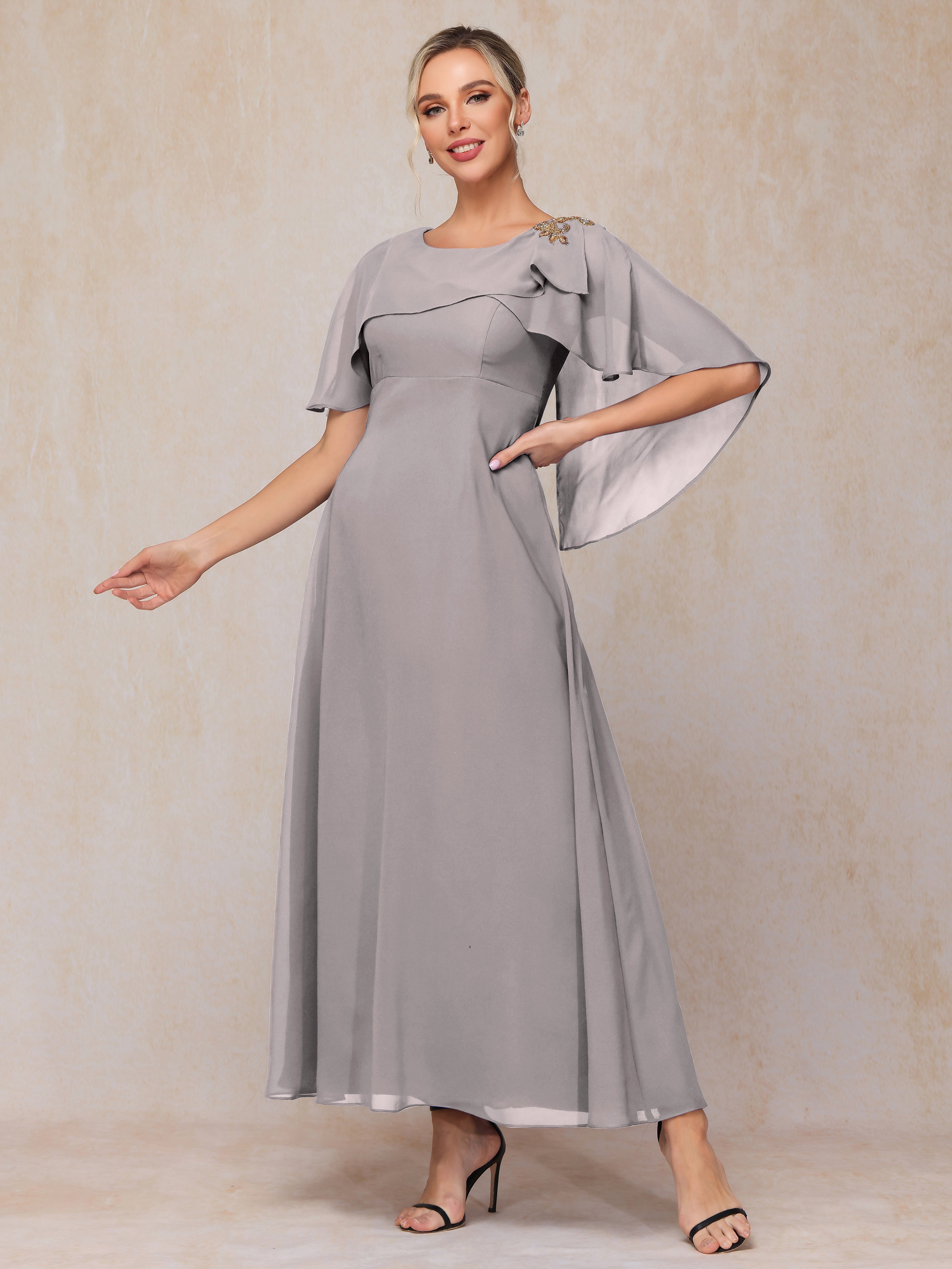 Formal Short Sleeves Ankle Length Chiffon Wedding Guest Dresses