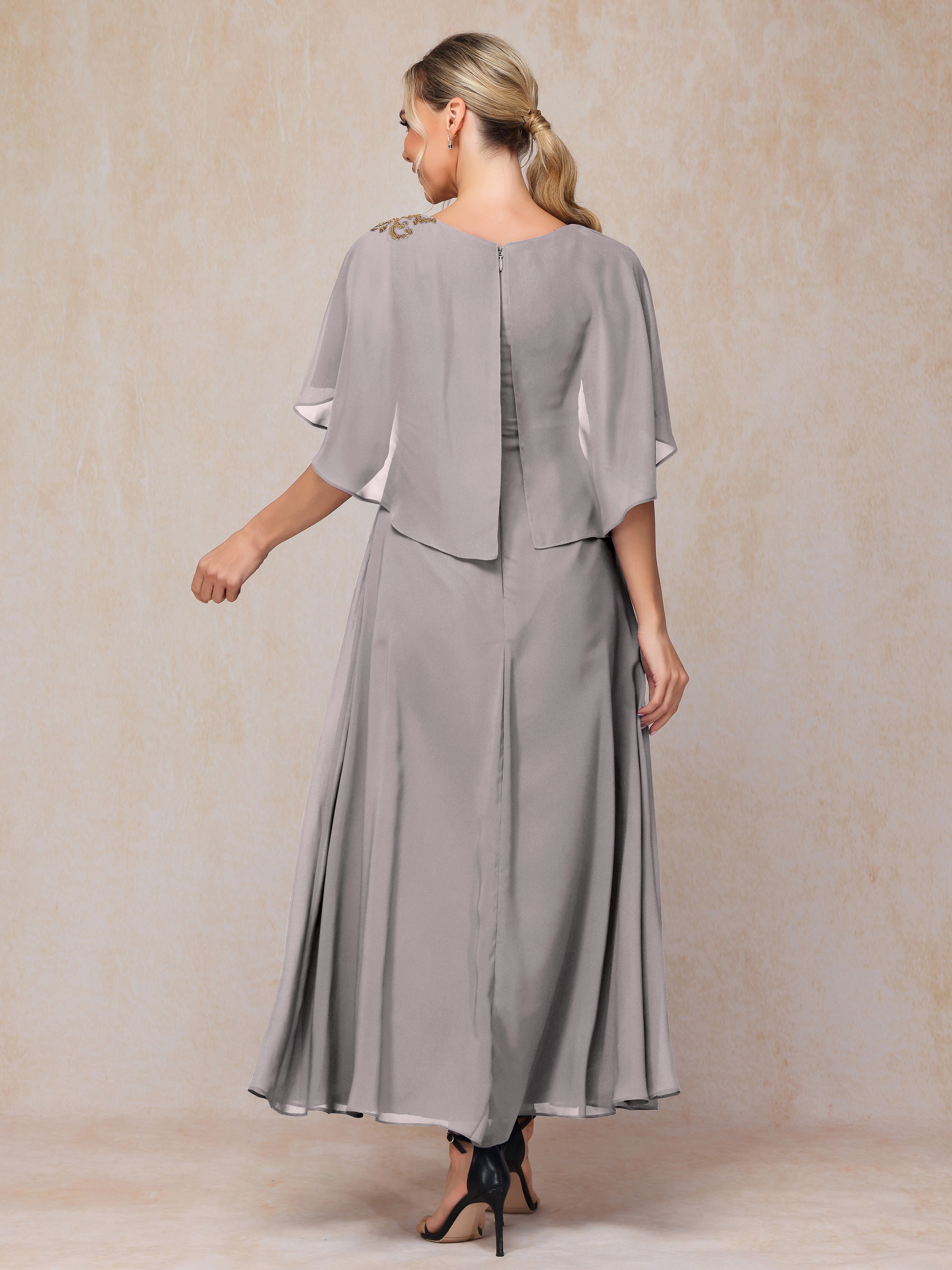 Formal Short Sleeves Ankle Length Chiffon Wedding Guest Dresses