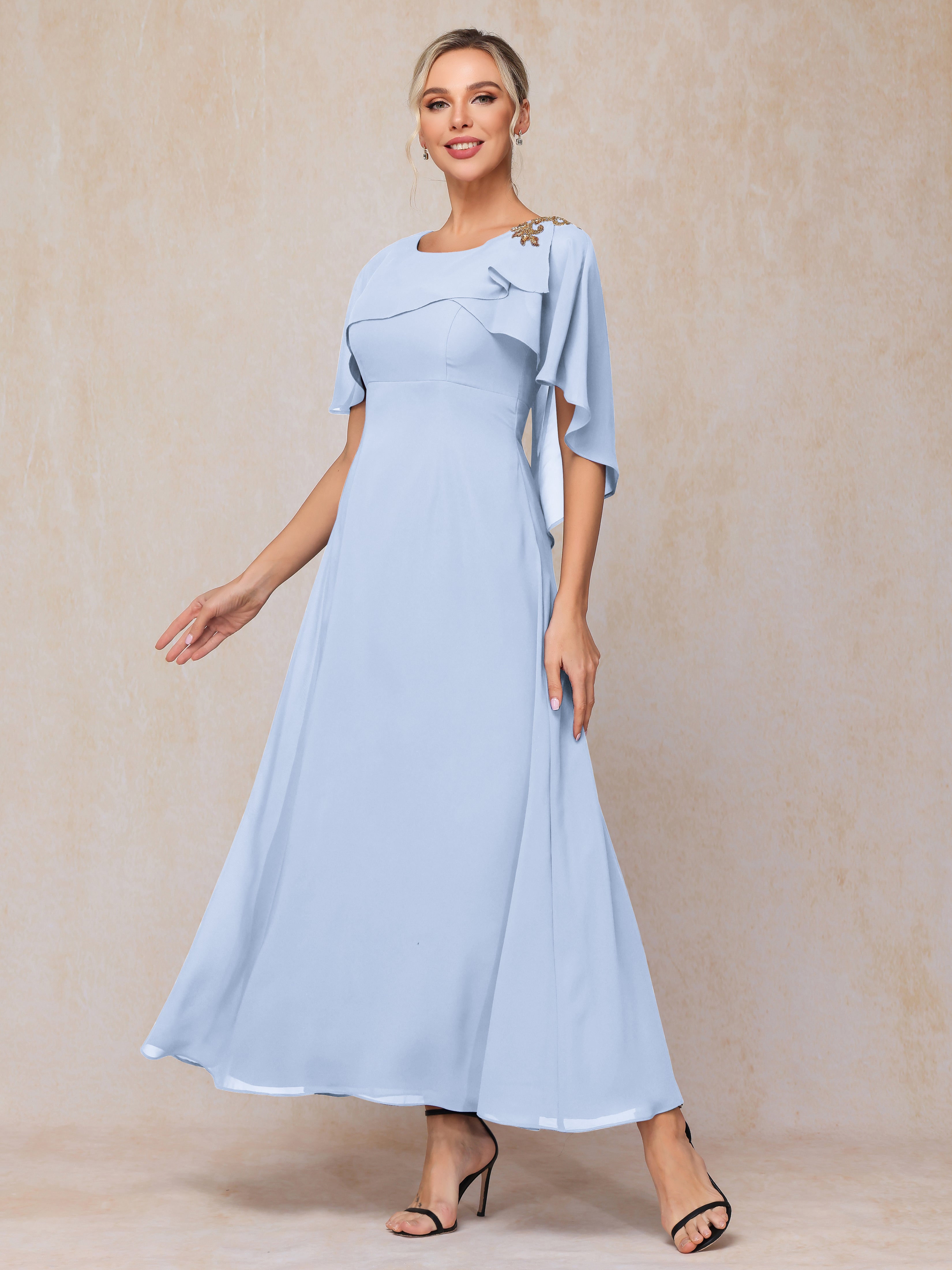 Formal Short Sleeves Ankle Length Chiffon Wedding Guest Dresses