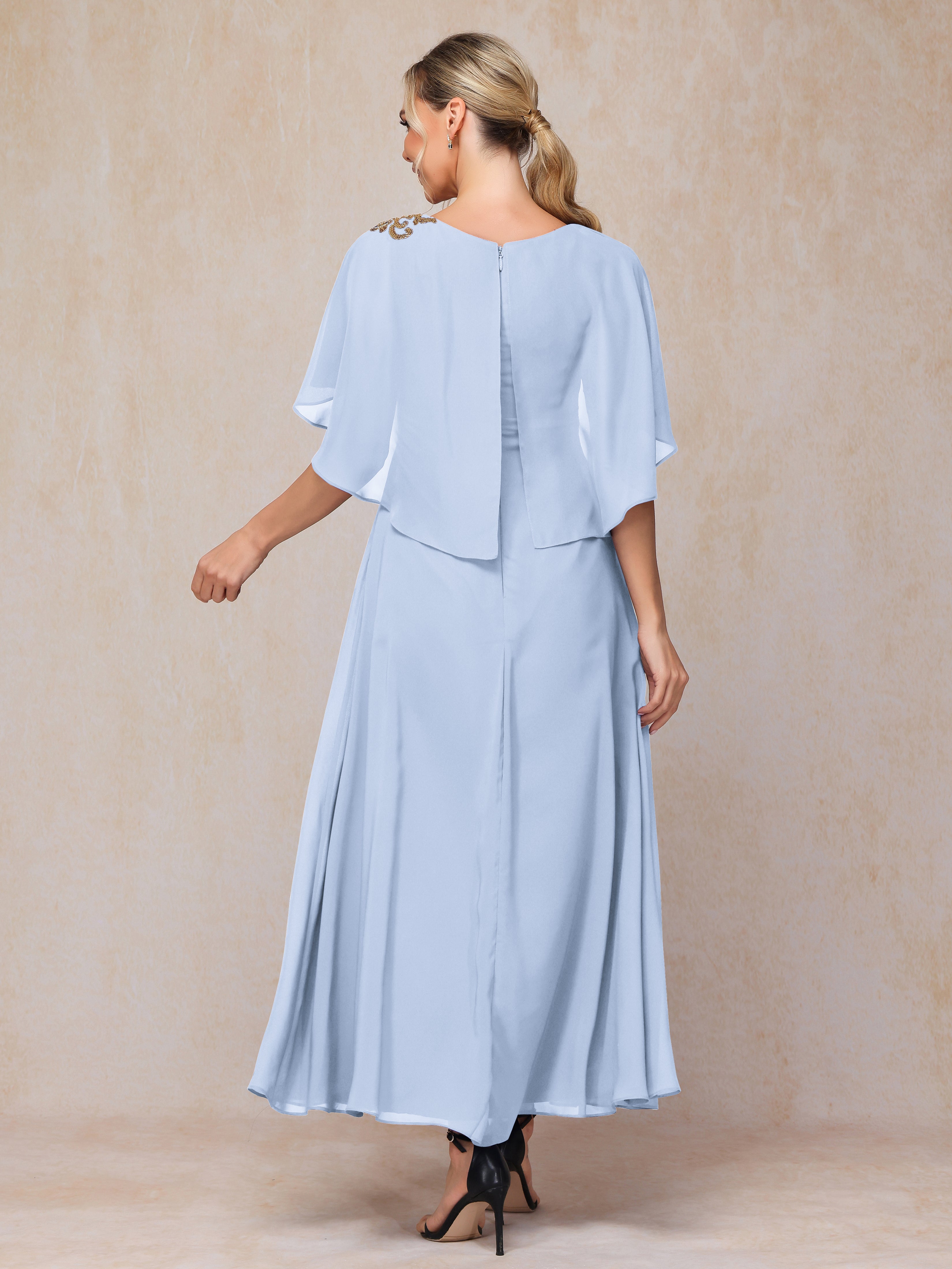 Formal Short Sleeves Ankle Length Chiffon Wedding Guest Dresses