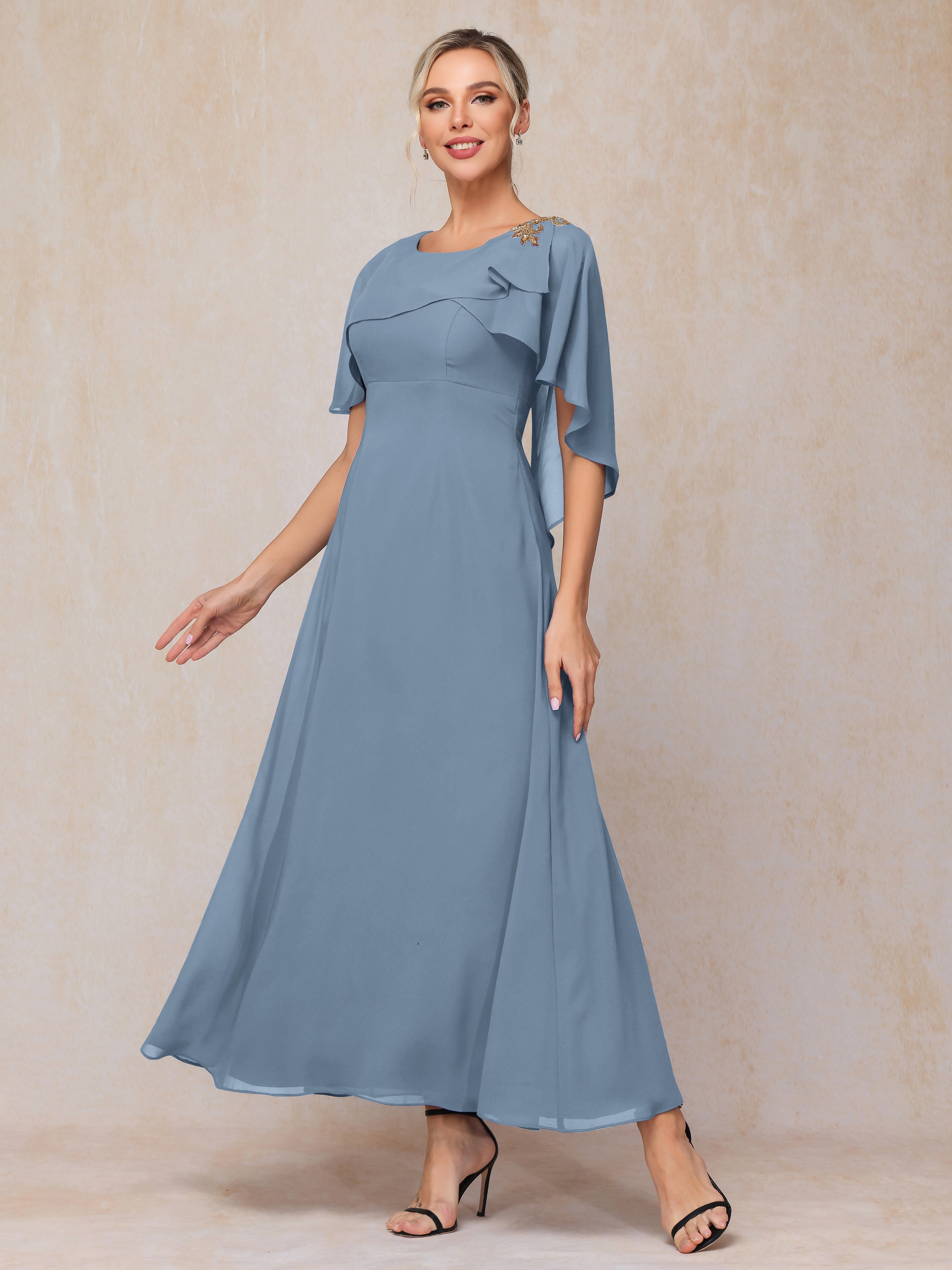 Formal Short Sleeves Ankle Length Chiffon Wedding Guest Dresses
