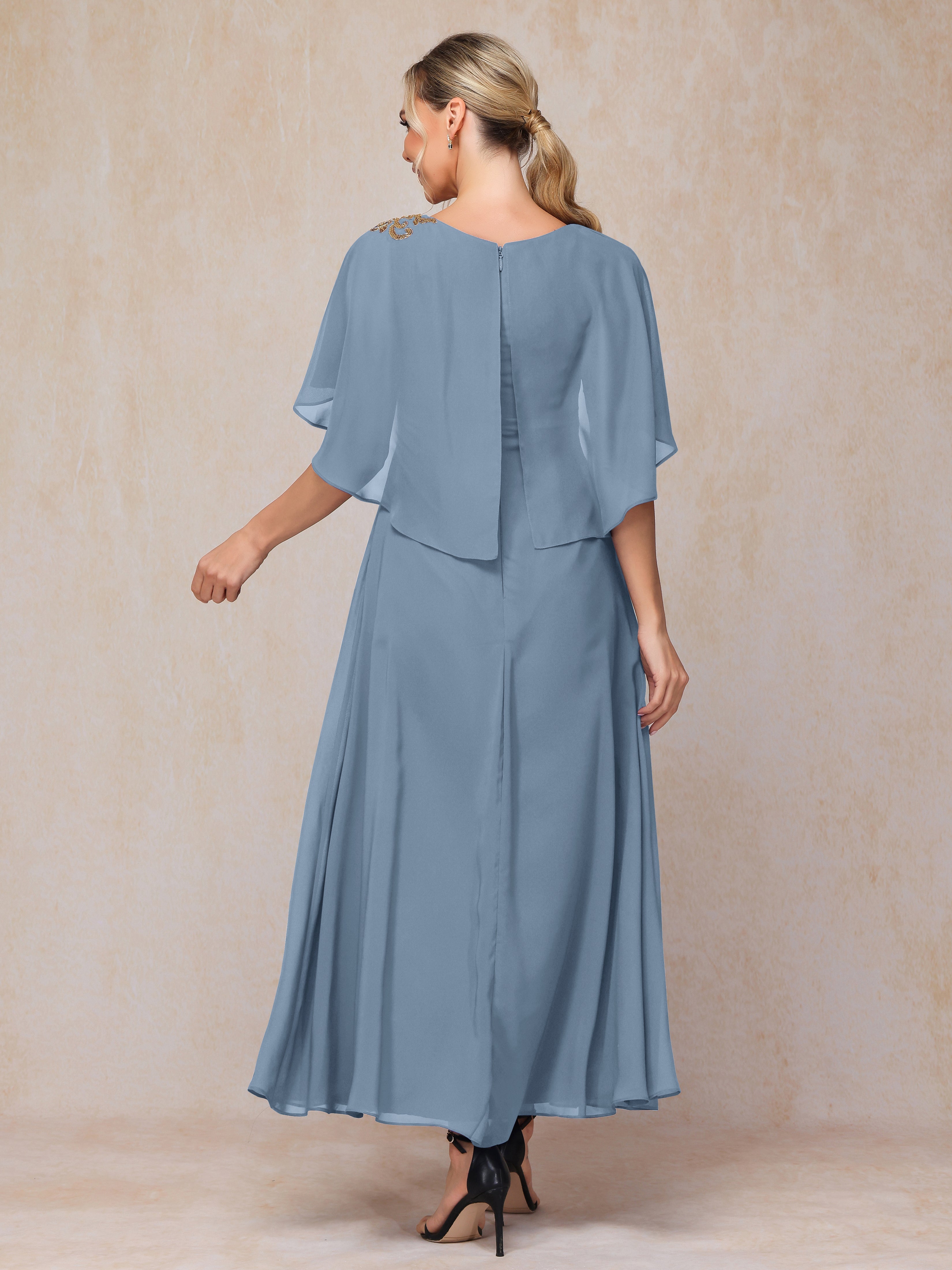 Formal Short Sleeves Ankle Length Chiffon Wedding Guest Dresses