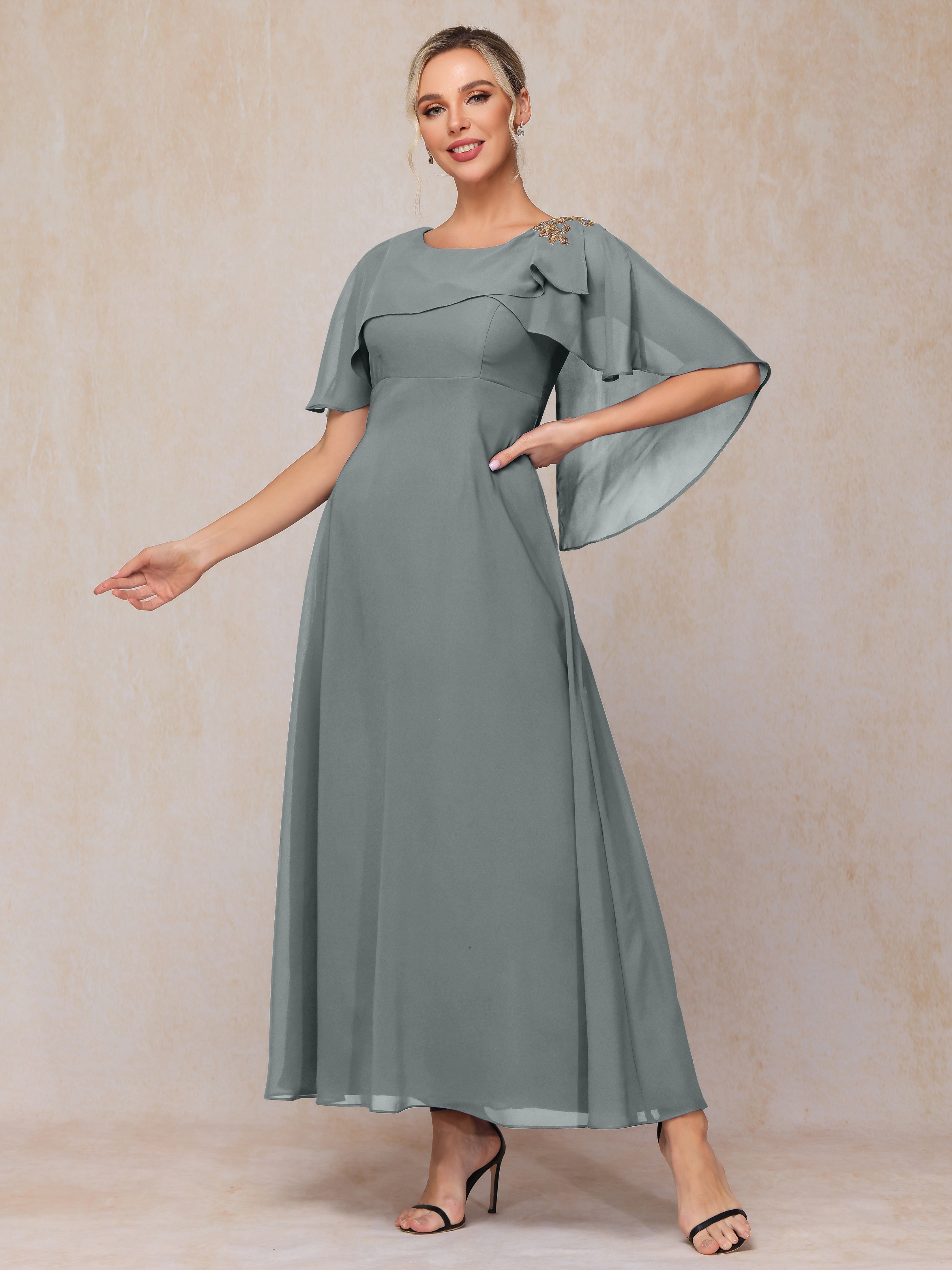 Formal Short Sleeves Ankle Length Chiffon Wedding Guest Dresses