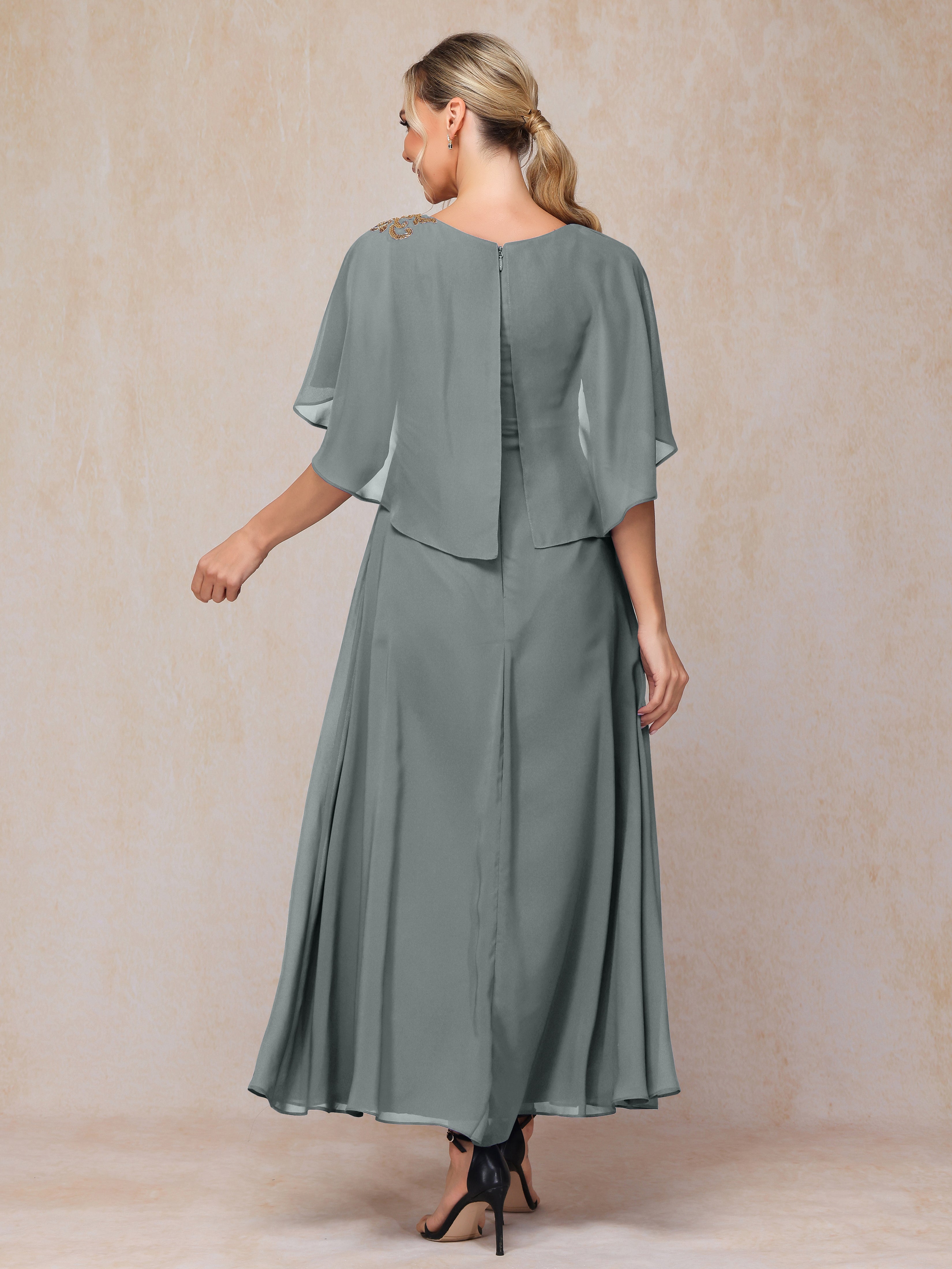 Formal Short Sleeves Ankle Length Chiffon Wedding Guest Dresses